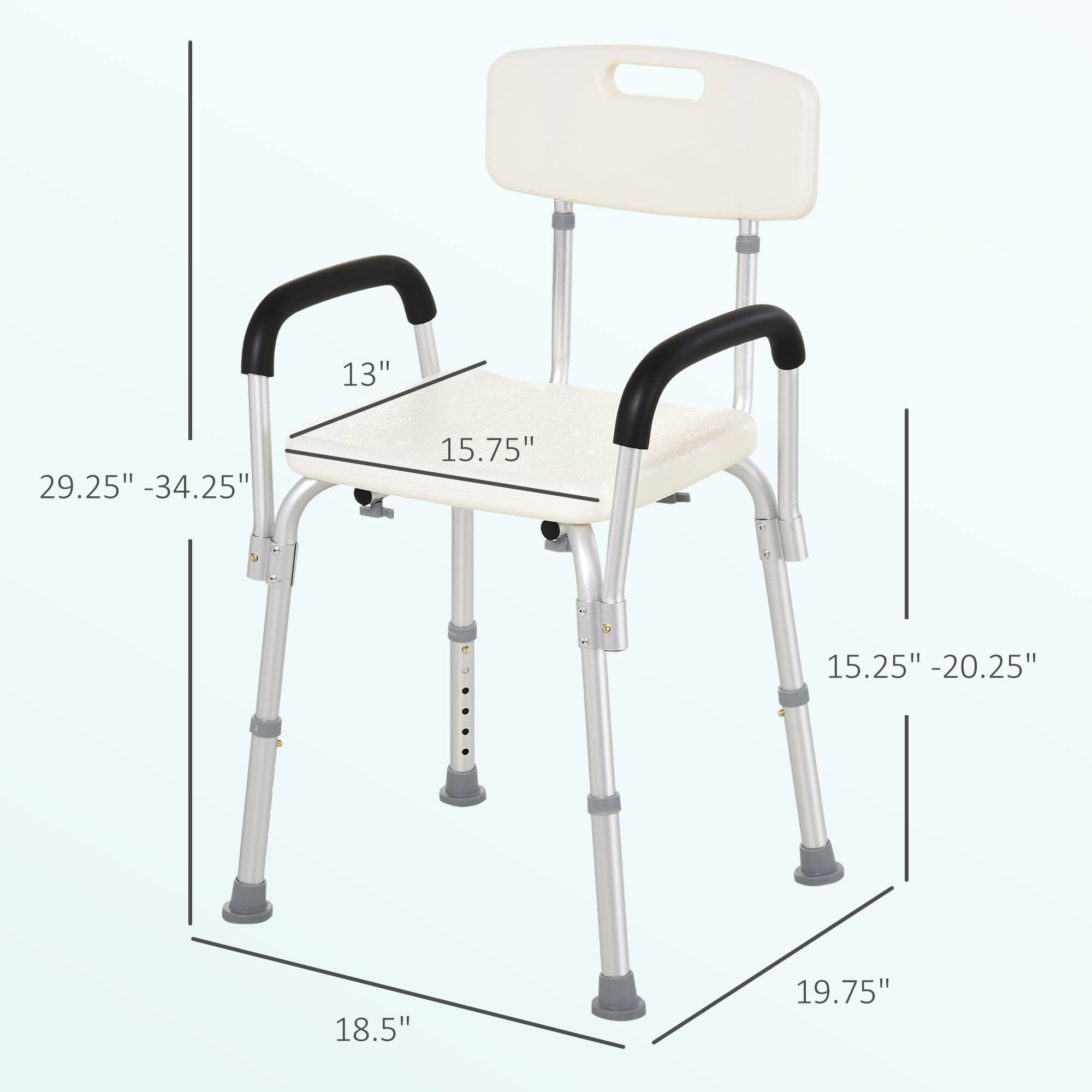The dimensions of the walker are as follows:

- Width: 13"
- Seat Height: 15.75"
- Seat Depth: 15.25" - 20.25"
- Overall Height: 19.75"
- Overall Width: 29.25" - 34.25"
- Overall Depth: 18.5"