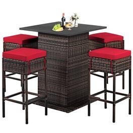 Costway - 5PCS Patio Rattan Bar Table Stool Set Hidden Storage Shelf Cushion - Red