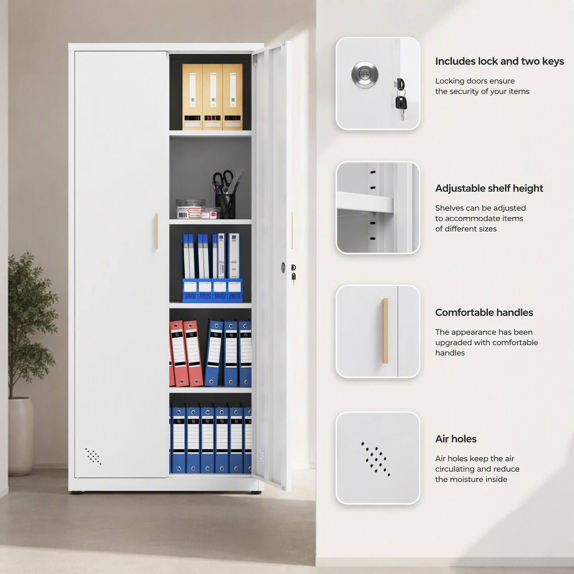 Includes lock and two keys  
Locking doors ensure the security of your items  

Adjustable shelf height  
Shelves can be adjusted to accommodate items of different sizes  

Comfortable handles  
The appearance has been upgraded with comfortable handles  

Air holes  
Air holes keep the air circulating and reduce the moisture inside