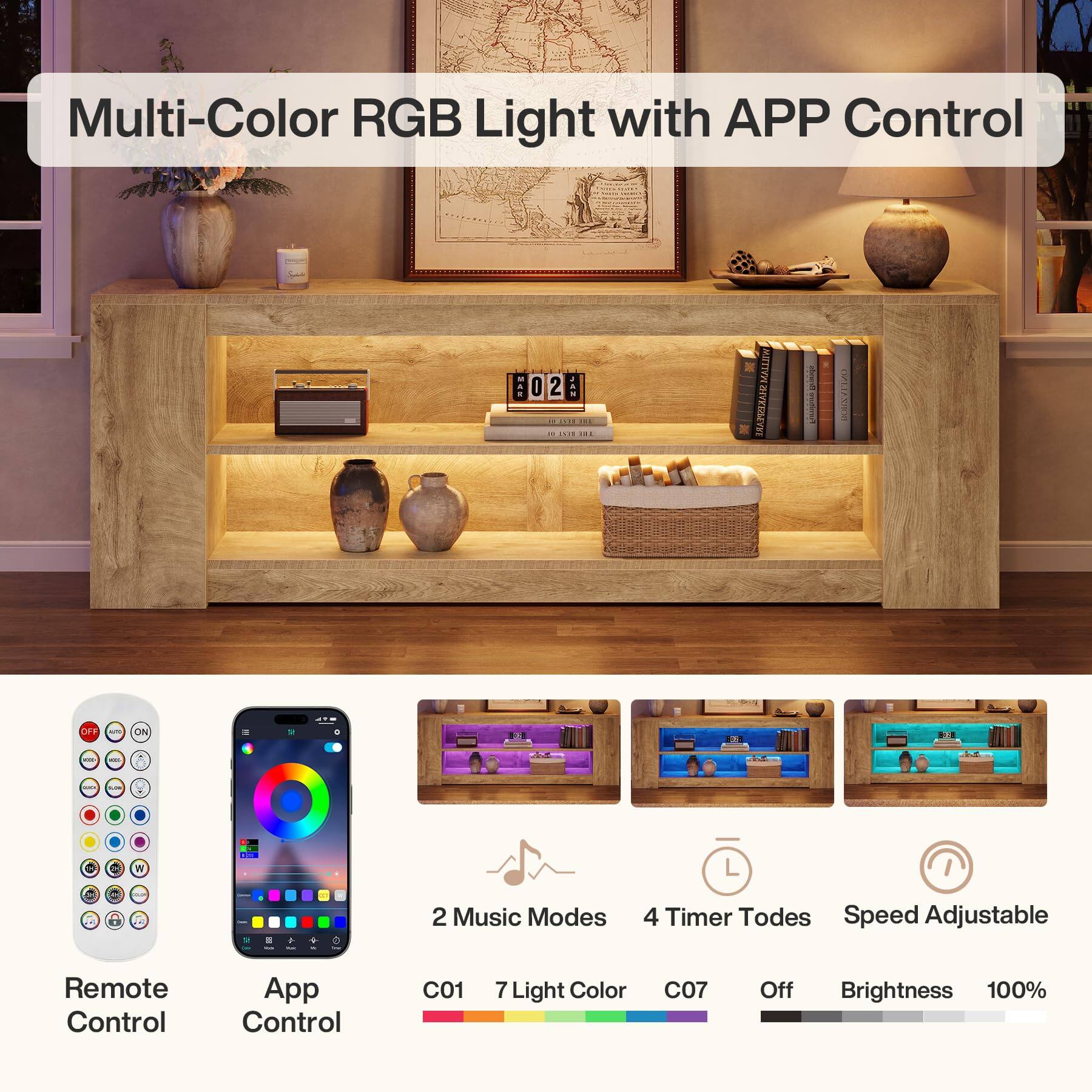 Multi-Color RGB Light with APP Control

02" TII X 100 188

WITTILM STAKISTARDERS

ationall Partition

COMER

OFF ON

02

BAR

WILL

QUO

W

X

L

2 Music Modes

4 Timer Todes Speed Adjustable

Remote Control

App Control

C01 7Light Color

C07

Off

Brightness 100%