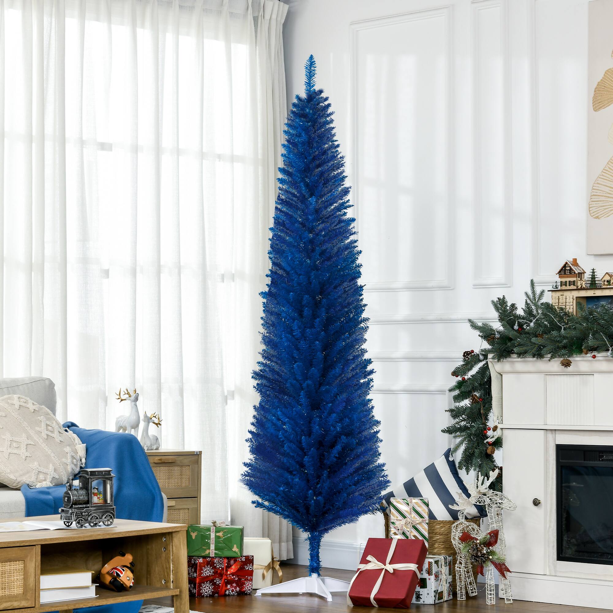 Alt View 1. Homcom - Artificial Pencil Christmas Tree, Slim Xmas Tree with 499 Realistic Branch Tips and Plastic Stand - blue.