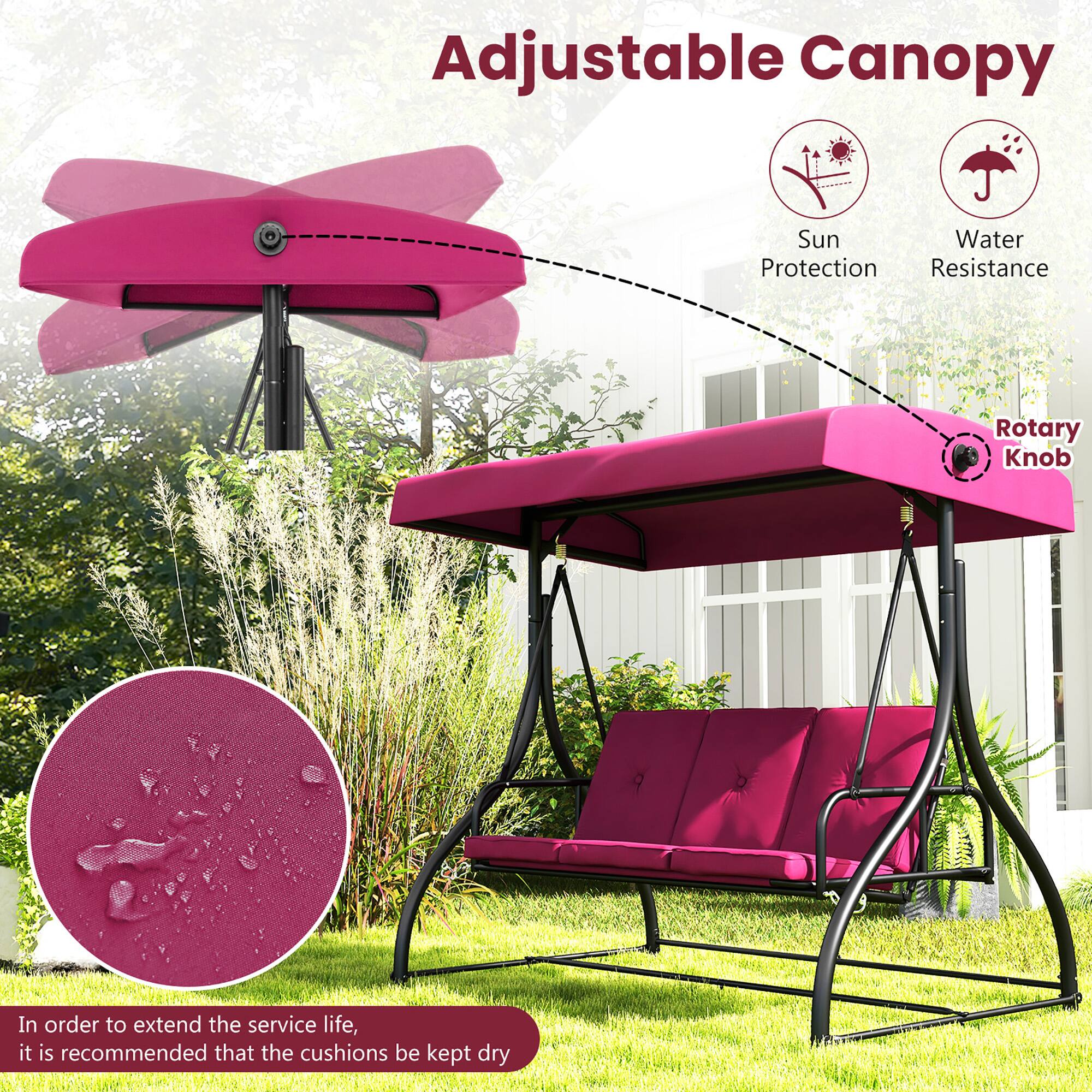 Alt View 4. Gymax - Gymax Converting Patio Swing Chair Porch Swing Bed w/Adjustable Canopy & Thickened Cushion Wine - Wine.