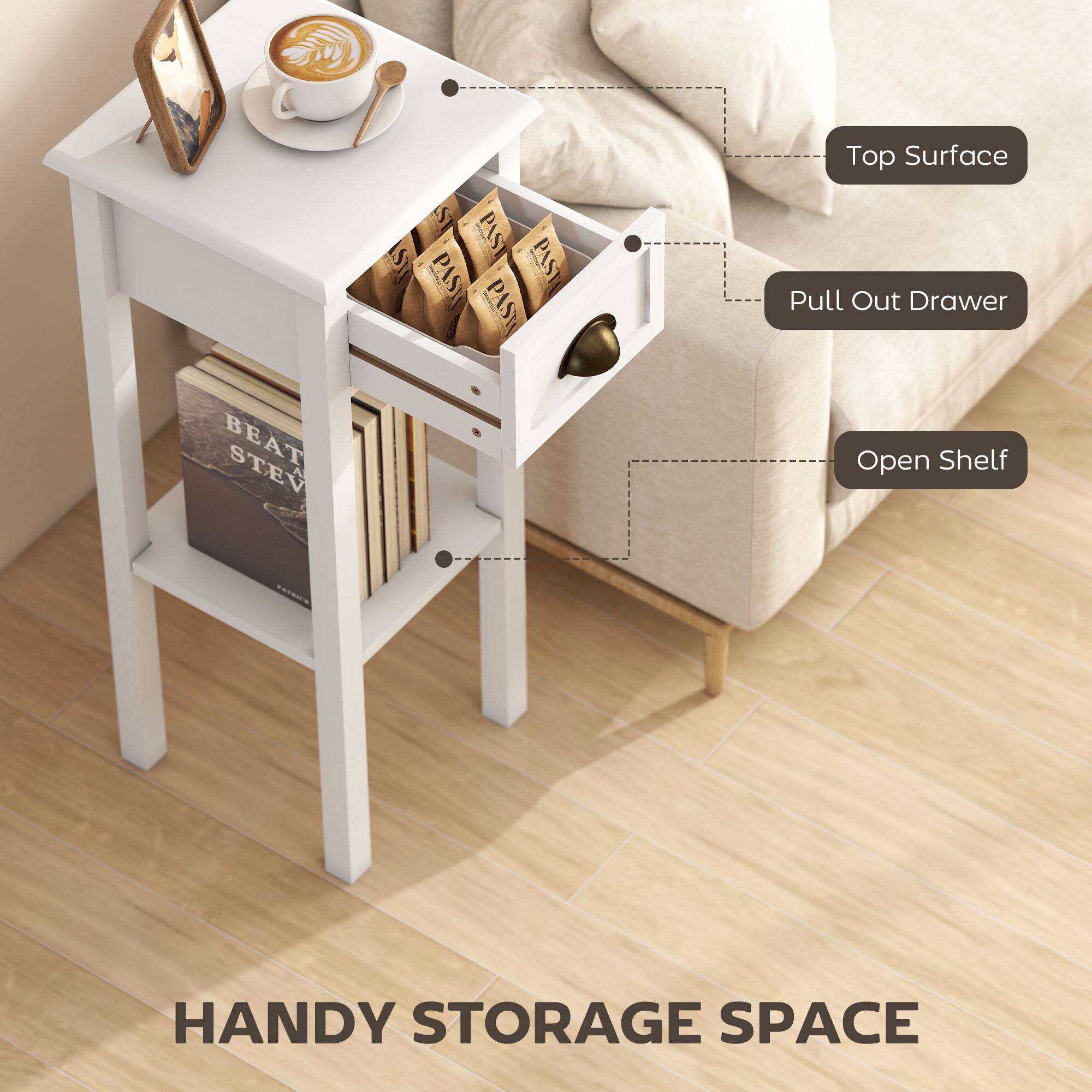 Top Surface  
Pull Out Drawer  
Open Shelf  
Handy Storage Space