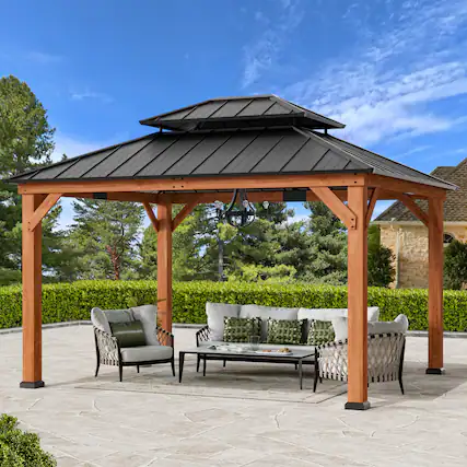 Front. Modern Shade Outdoor Living Spaces - Modern Shade Rosewood Hardtop Gazebo 11' x 13' Cedar Framed Gazebo with Double Galvanize Roof - Brown+Black.