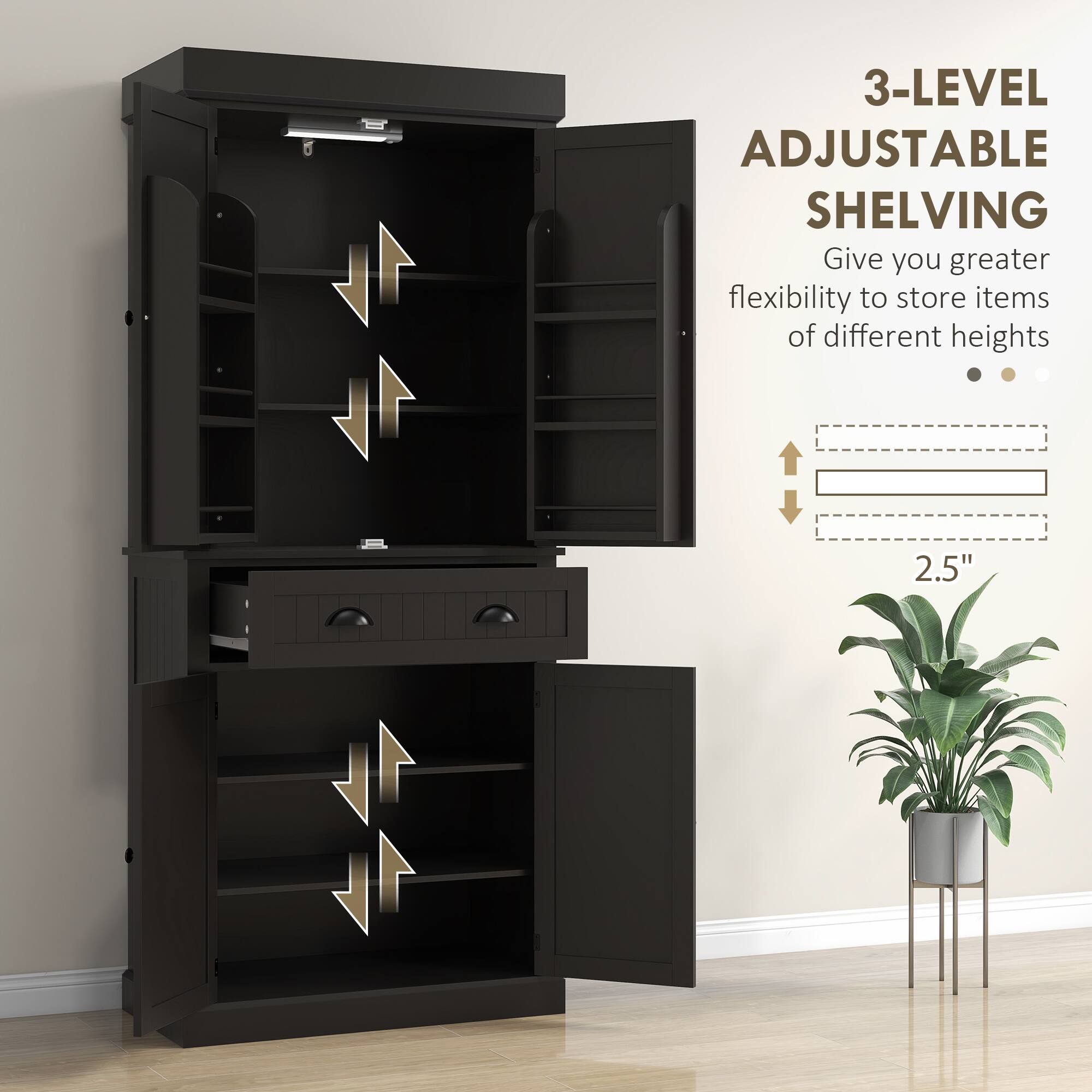 1. 3-LEVEL ADJUSTABLE SHELVING
2. Give you greater flexibility to store items of different heights
3. 2.5"
