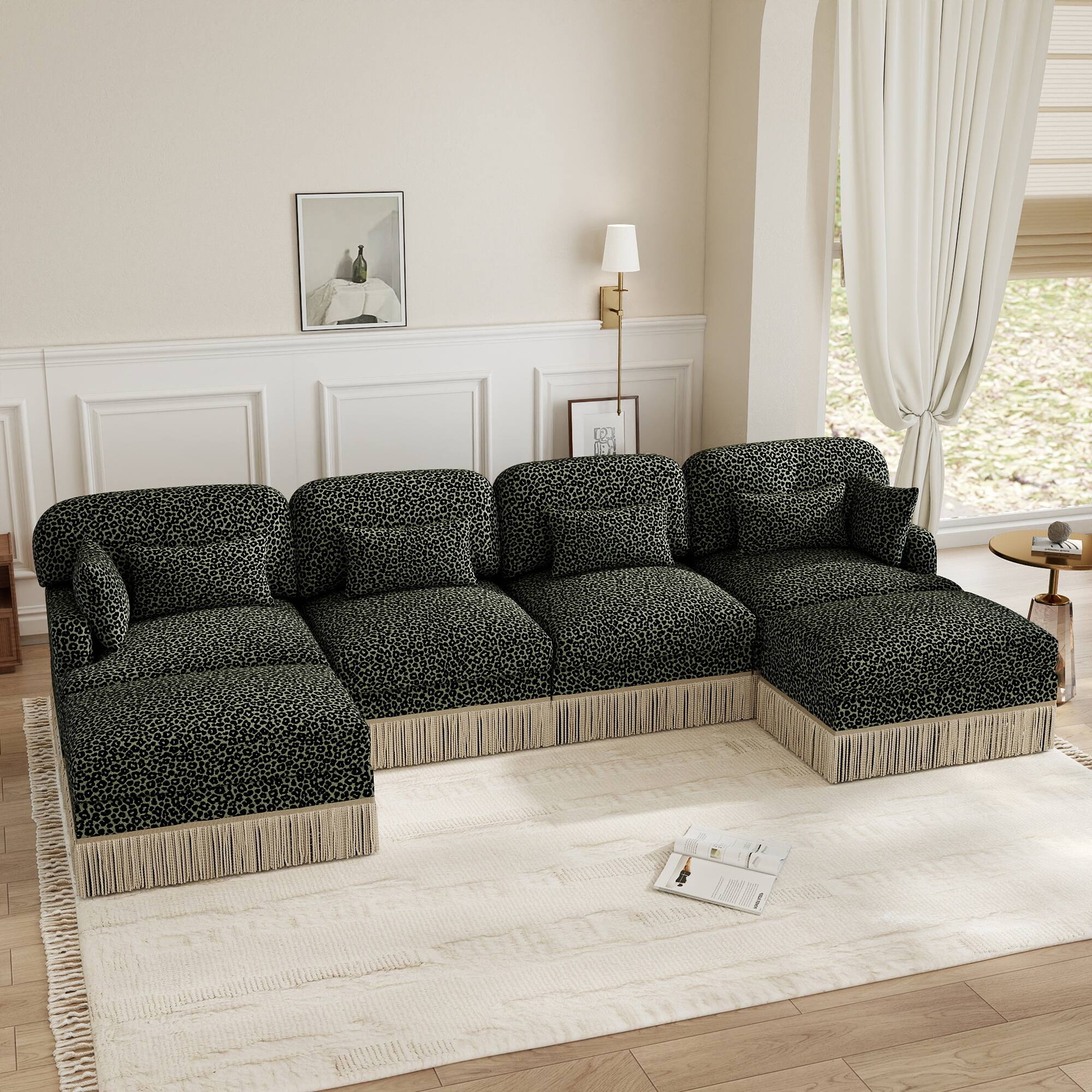 Left. Anysun - 131" Comfy Chenille Leopard Print U-Shaped Modern Fashion Sofa – Delicate Tassel Edge, Movable Ottomans, Easy Assembly - Green.