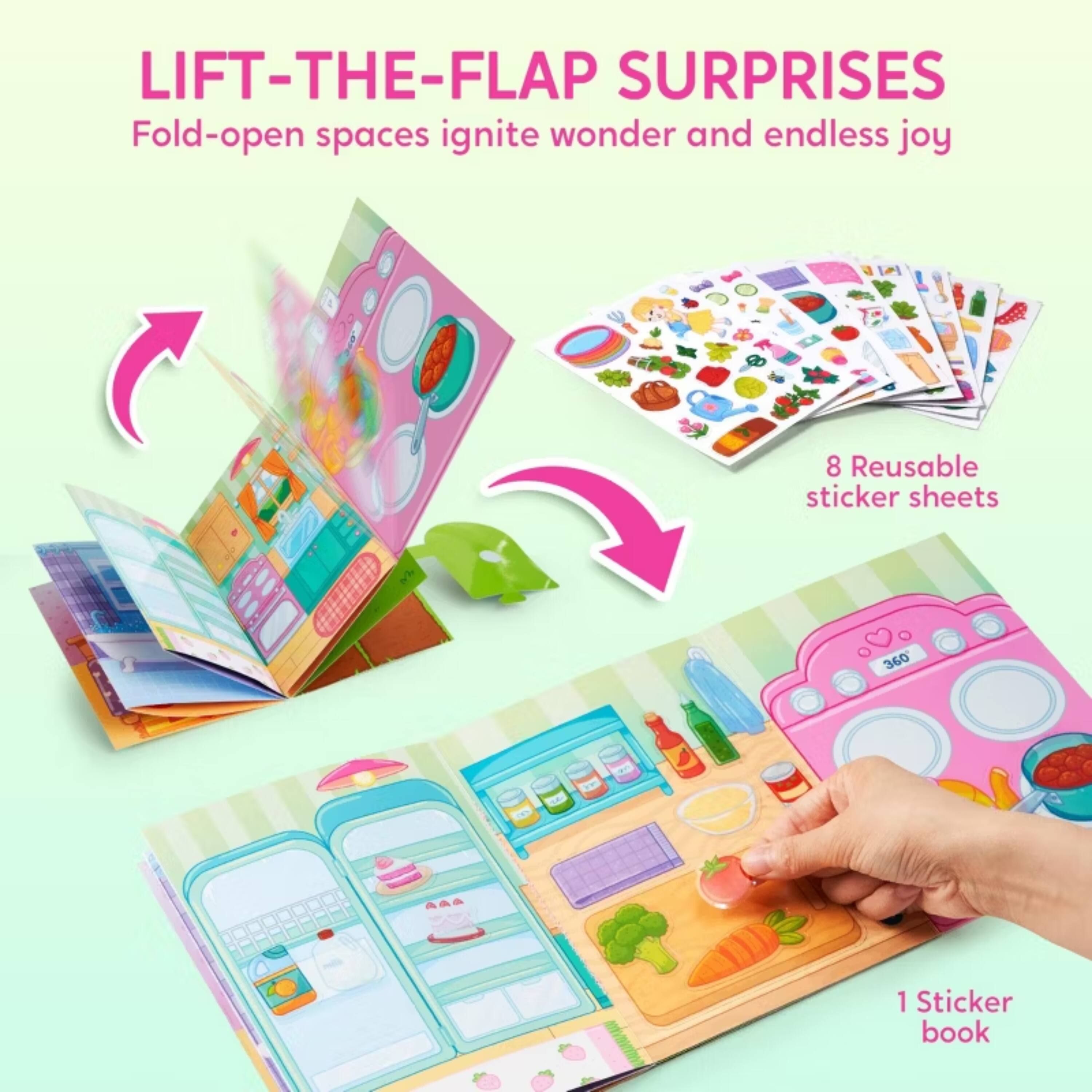 LIFT-THE-FLAP SURPRISES  
Fold-open spaces ignite wonder and endless joy  
8 Reusable sticker sheets  
1 Sticker book