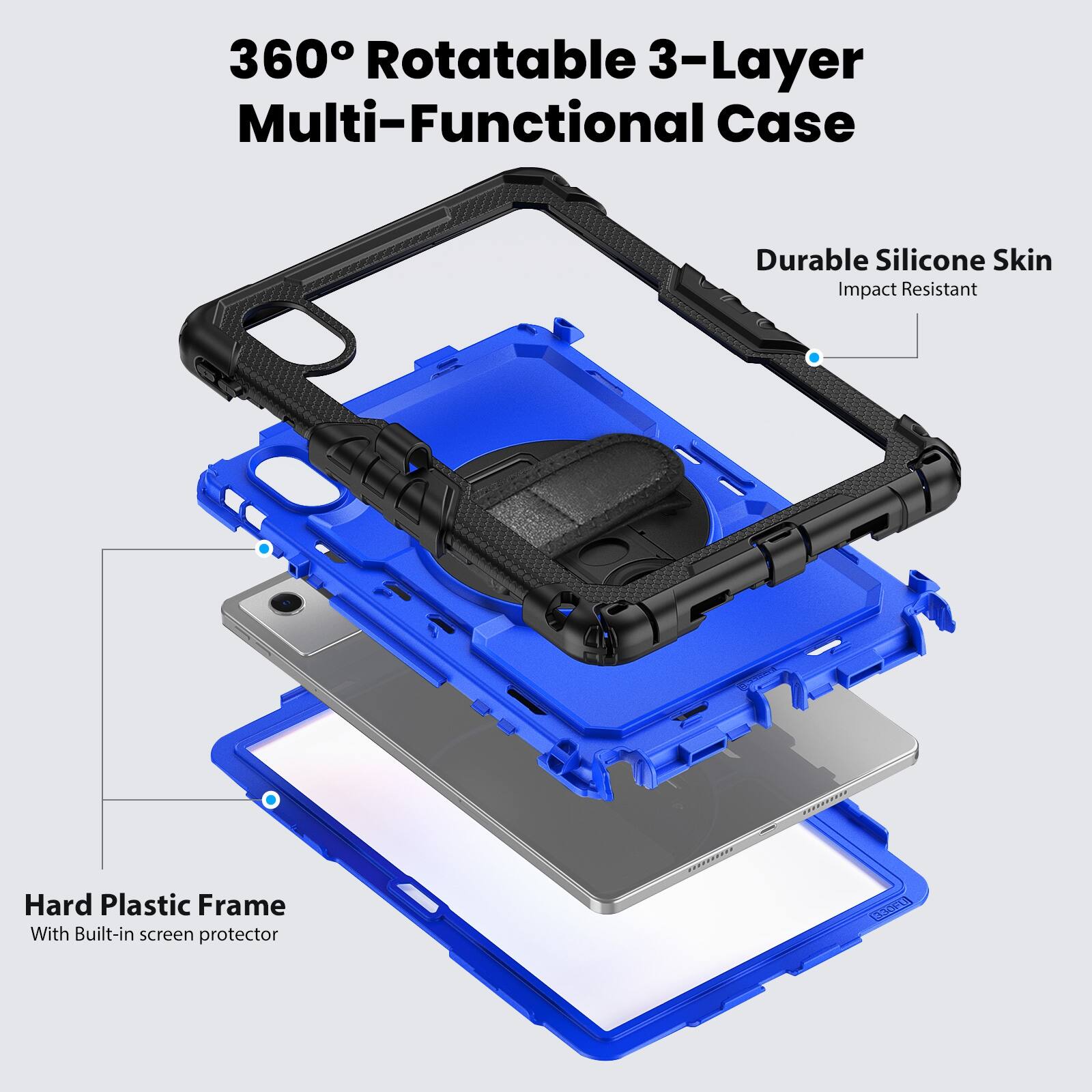 360° Rotatable 3-Layer Multi-Functional Case

Durable Silicone Skin
Impact Resistant

Hard Plastic Frame
With Built-in screen protector