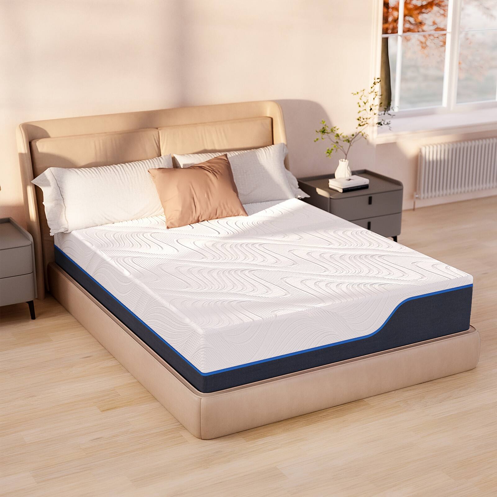Front. Ecooso - 12" Queen Plush Hybrid Mattress, Gel Memory Foam Pillow Top, Cooling & Breathable, Mattress in a Box - White+Blue.