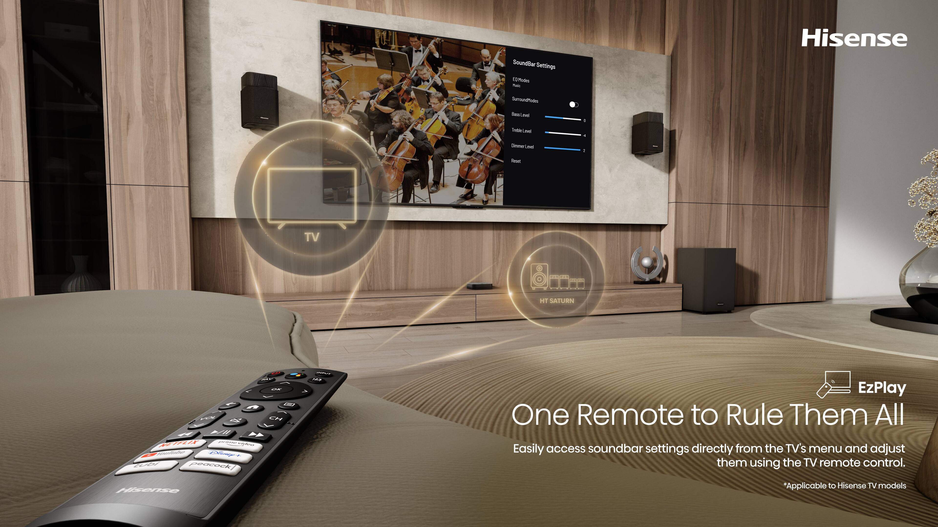 Hisense SoundBar Settings include features like Intelligent + Dimmer Level, Recel TV GO, and HT SATURN. The text also states that there is a single remote to control all settings, making it easy to access and adjust soundbar settings directly from the TV's menu. This feature is applicable to Hisense TV models.