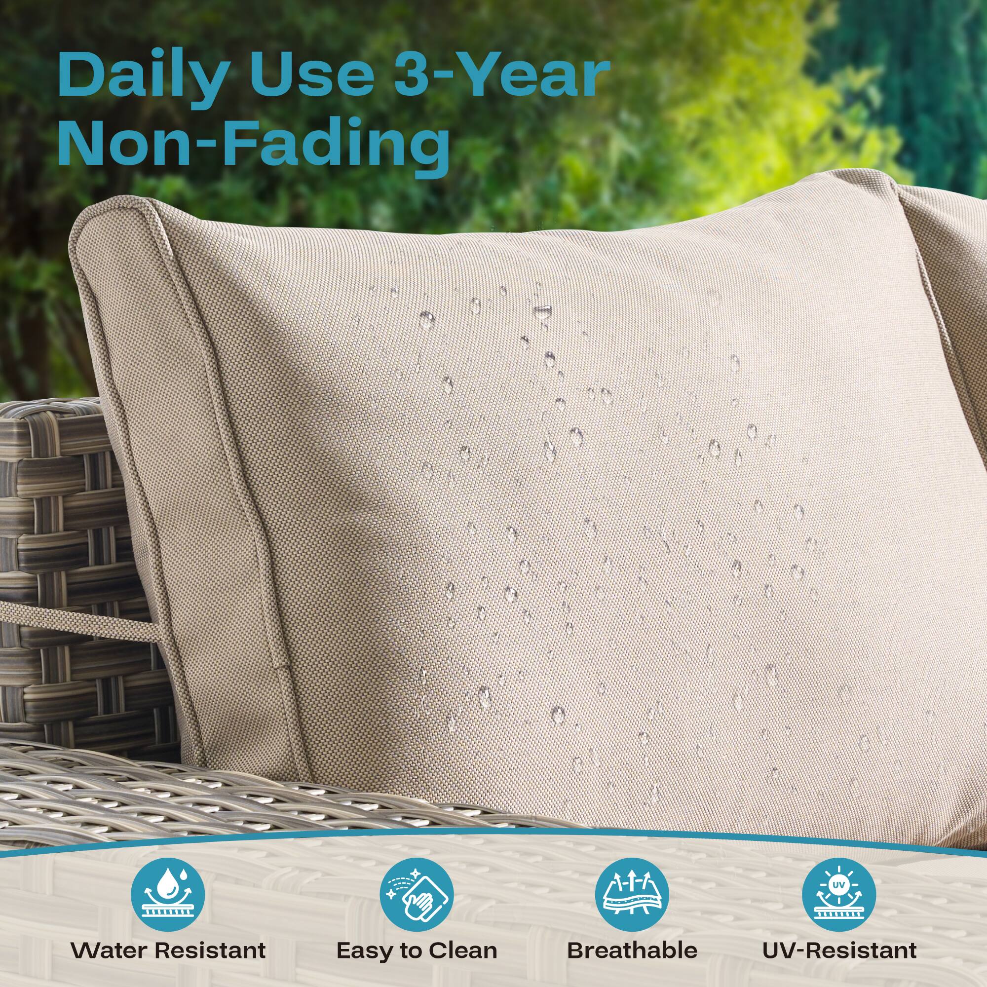Daily Use 3-Year Non-Fading

- Water Resistant
- Easy to Clean
- Breathable
- UV-Resistant
