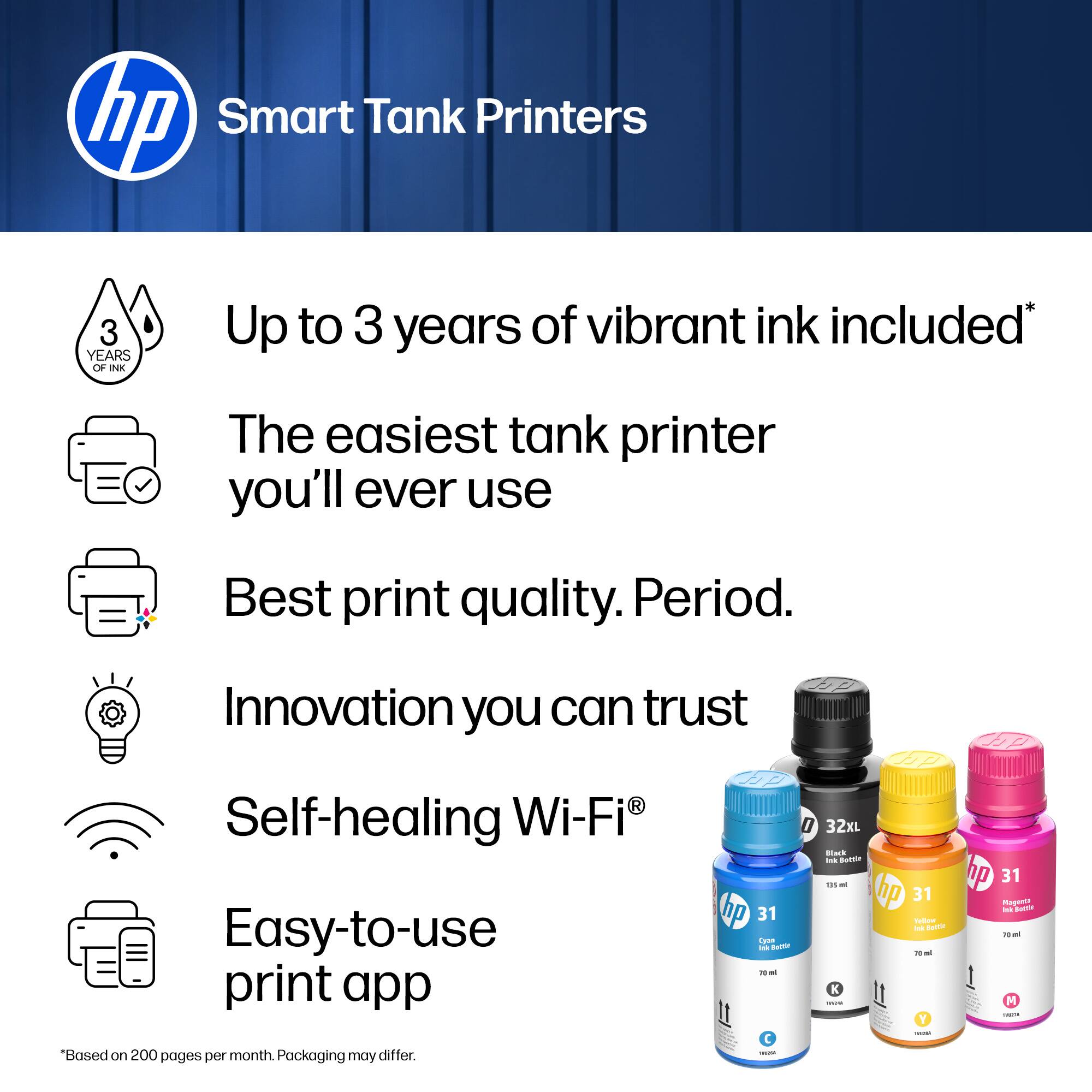hp Smart Tank Printers

Up to 3 years of vibrant ink included*

The easiest tank printer you'll ever use

Best print quality. Period.

Innovation you can trust

Self-healing Wi-Fi®

Easy-to-use print app

*Based on 200 pages per month. Packaging may differ.