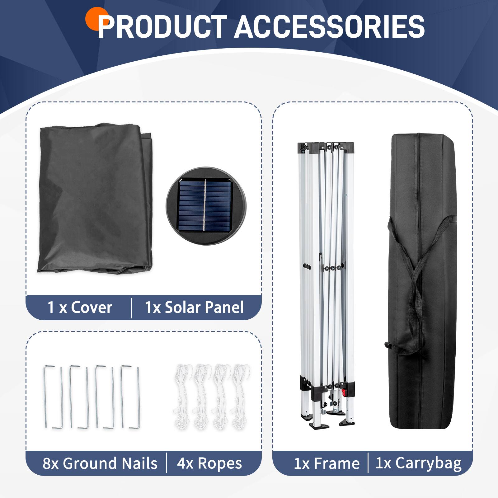 PRODUCT ACCESSORIES

1 x Cover  
1 x Solar Panel  
8 x Ground Nails  
4 x Ropes  
1 x Frame  
1 x Carrybag