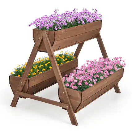 Front. Gymax - Gymax Vertical Raised Garden Bed Wood Tiered Plant Stand w/ 3 Planter Containers - Brown.