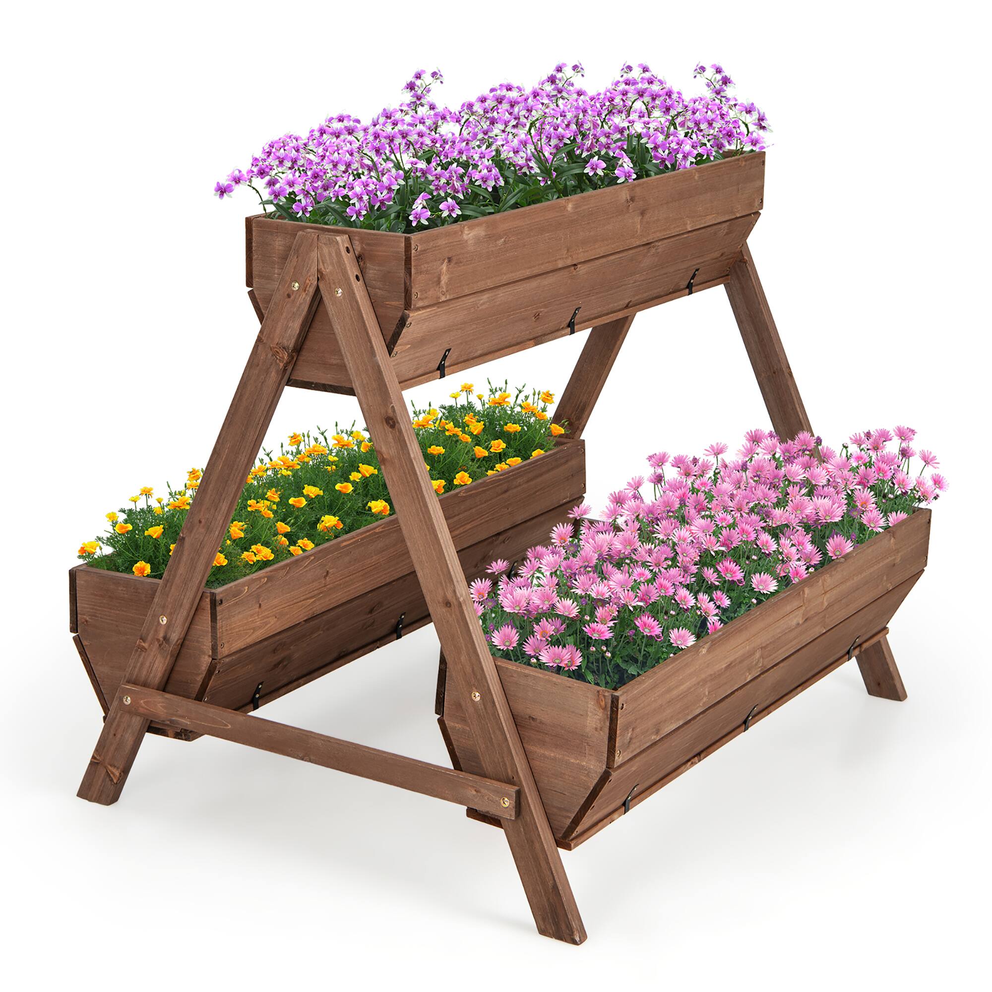 Front. Gymax - Gymax Vertical Raised Garden Bed Wood Tiered Plant Stand w/ 3 Planter Containers - Brown.