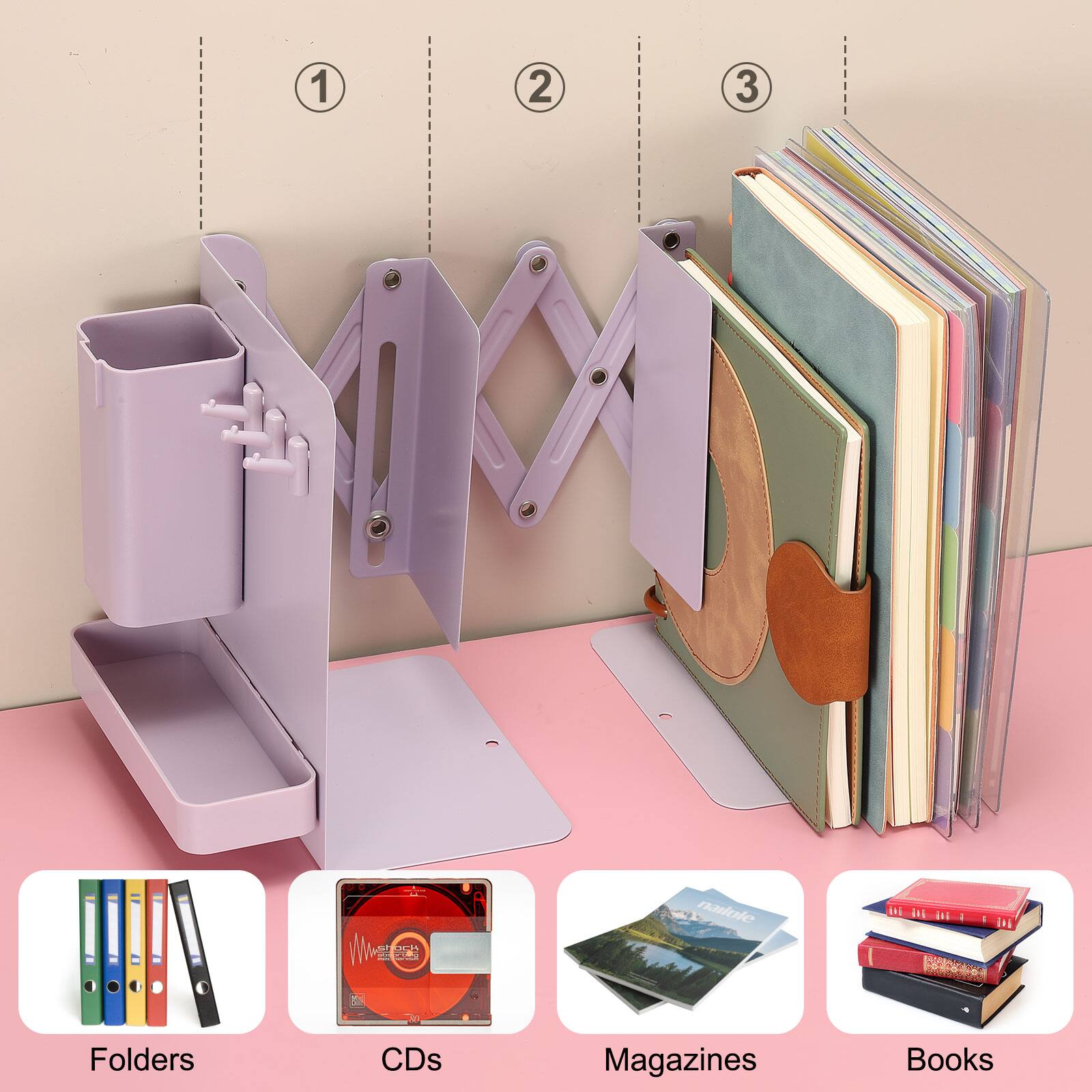 1. Folders
2. CDs
3. Magazines
4. Books