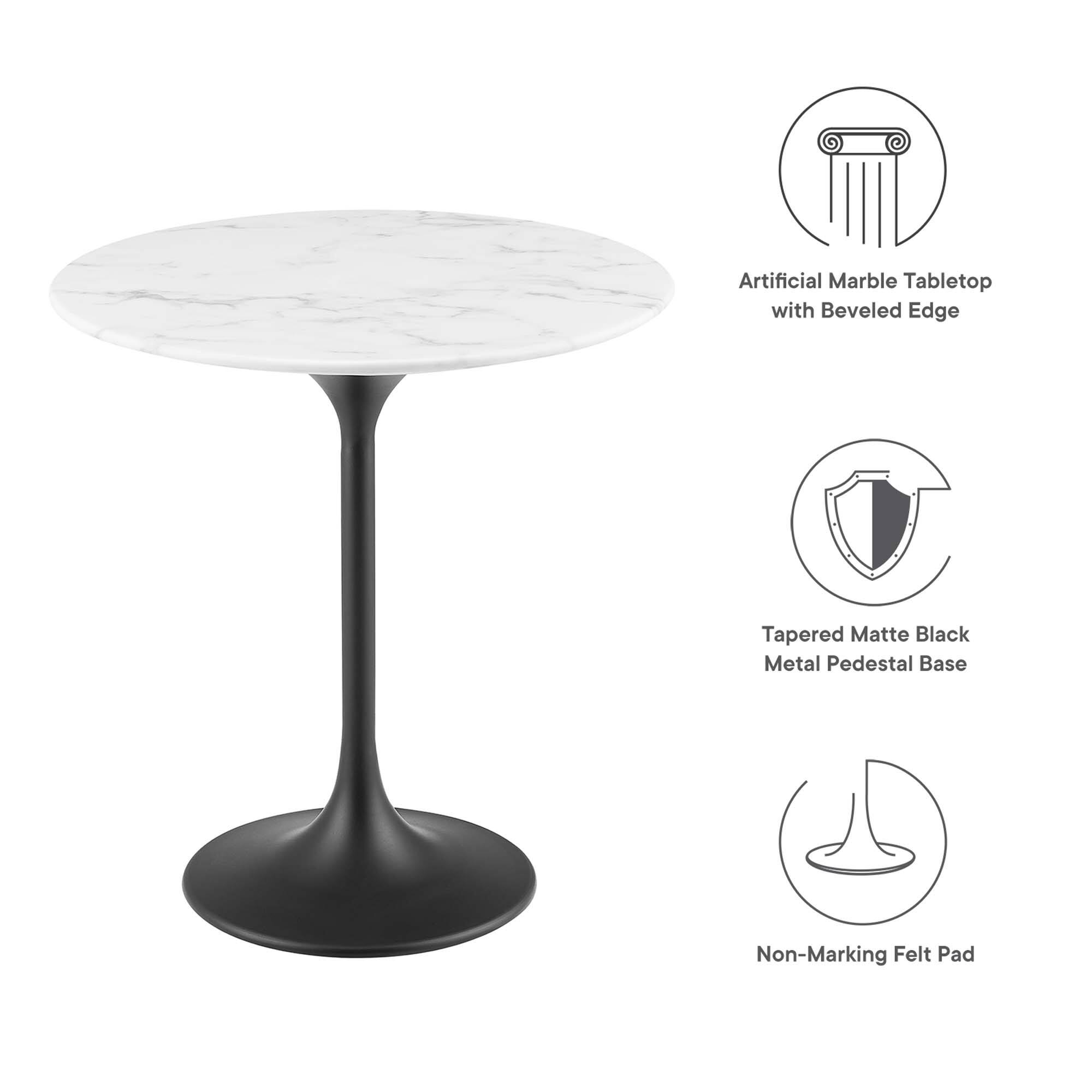 Artificial Marble Tabletop with Beveled Edge  
Tapered Matte Black Metal Pedestal Base  
Non-Marking Felt Pad