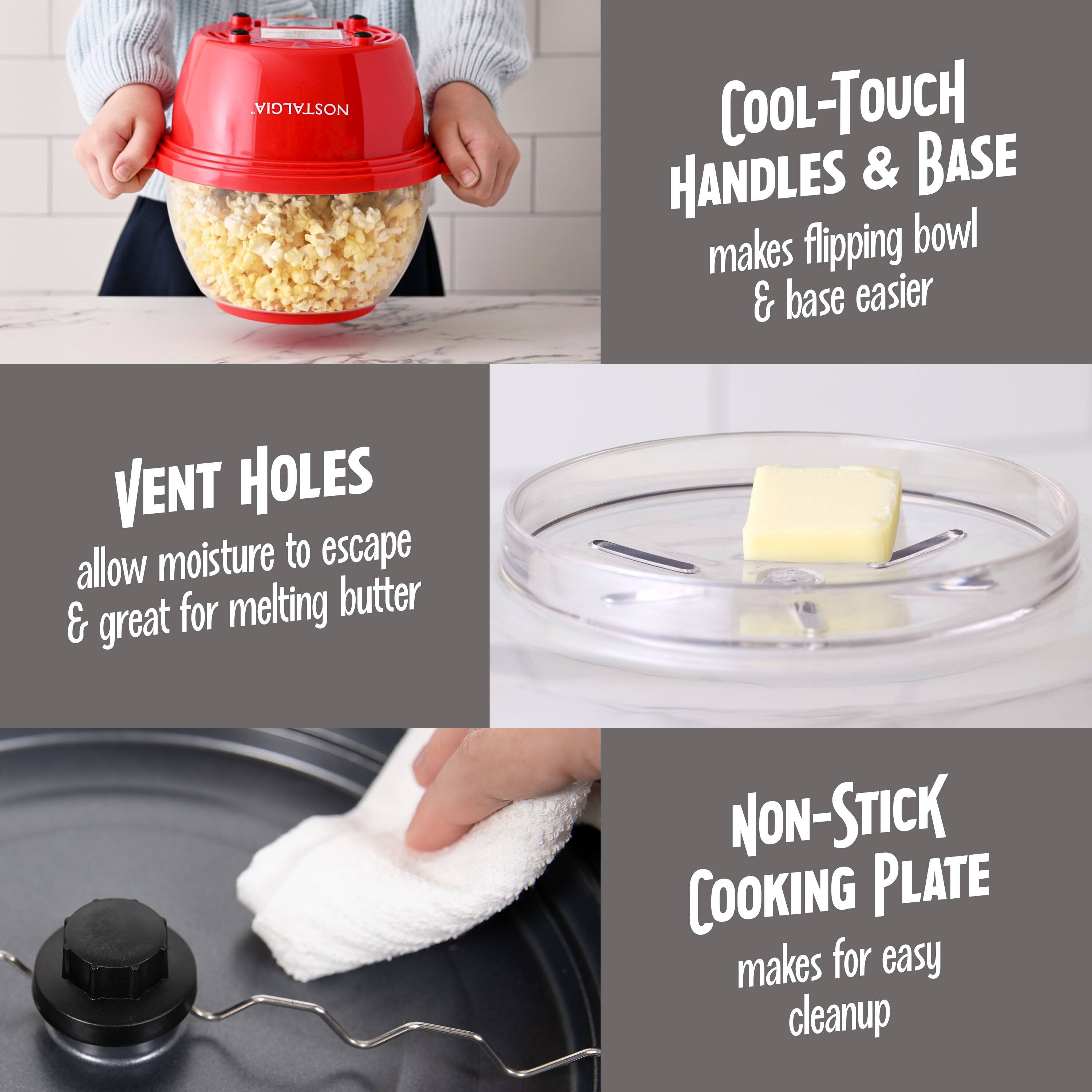 - **Cool-Touch Handles & Base**  
  Makes flipping bowl & base easier

- **Vent Holes**  
  Allow moisture to escape for melting butter

- **Non-Stick Cooking Plate**  
  Makes for easy cleanup