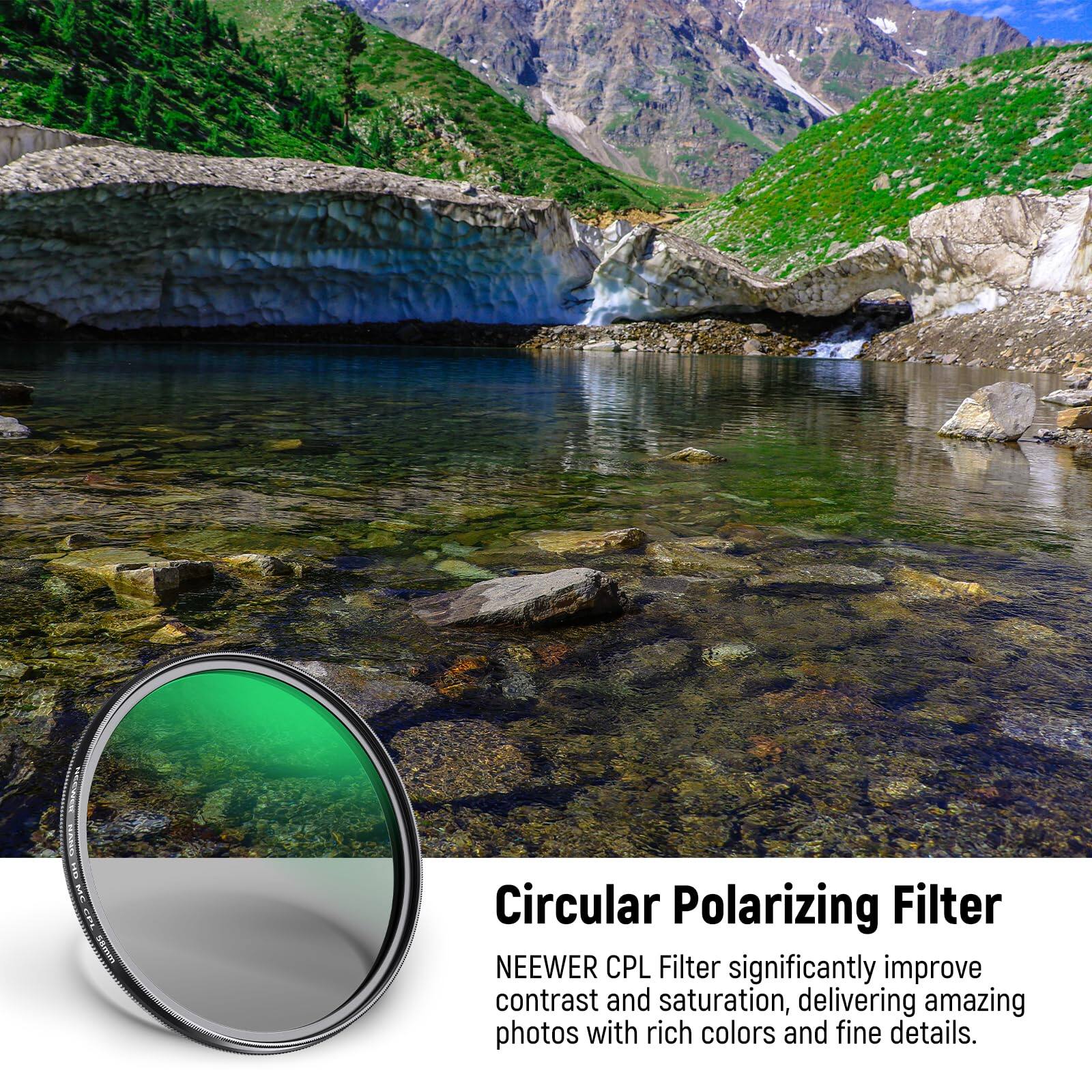 SAN Mmrmn Circular Polarizing Filter NEEWER CPL Filter significantly improve contrast and saturation, delivering amazing photos with rich colors and fine details.
