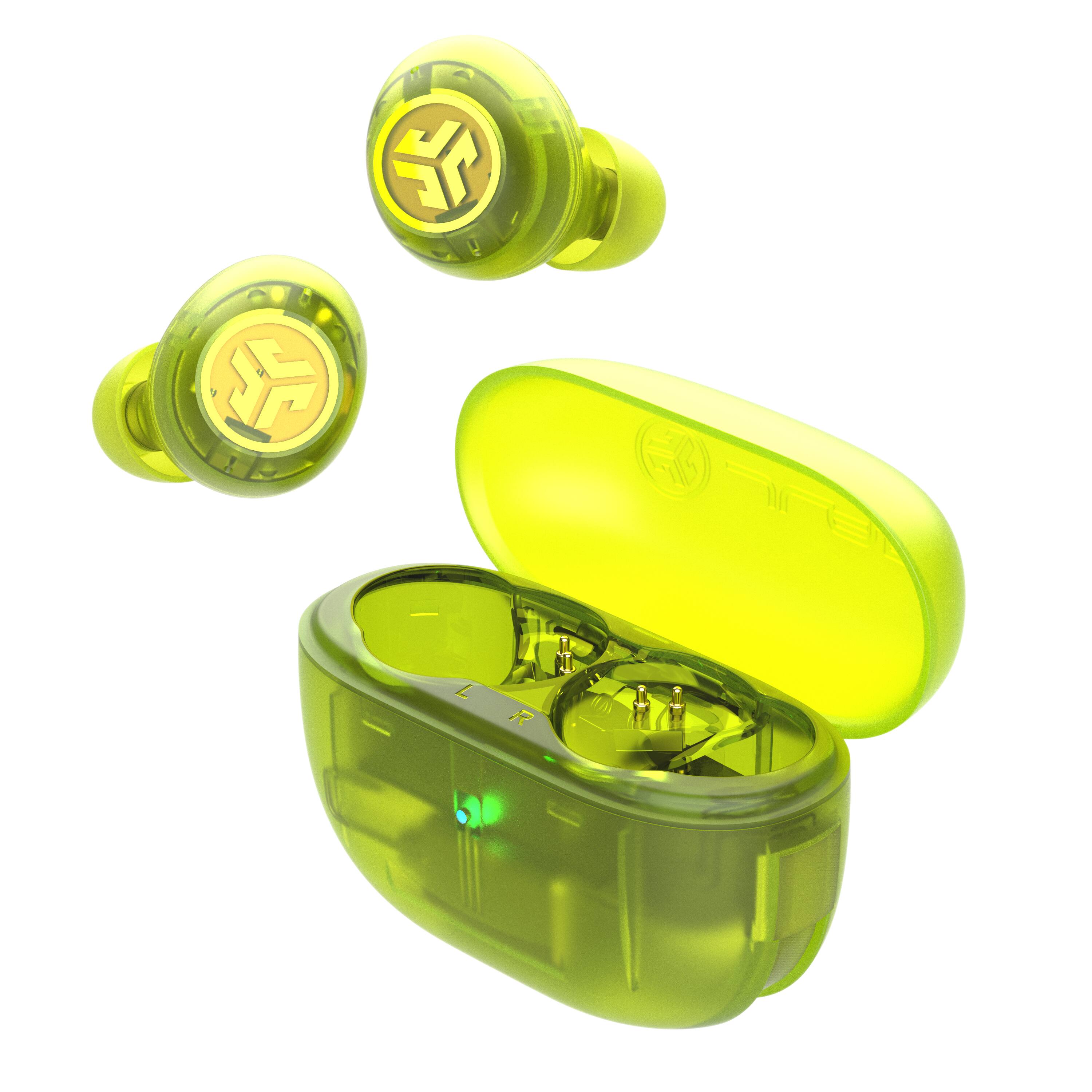 Angle. JLab - Go Pop ANC True Wireless Earbuds - Transparent Neon Green.