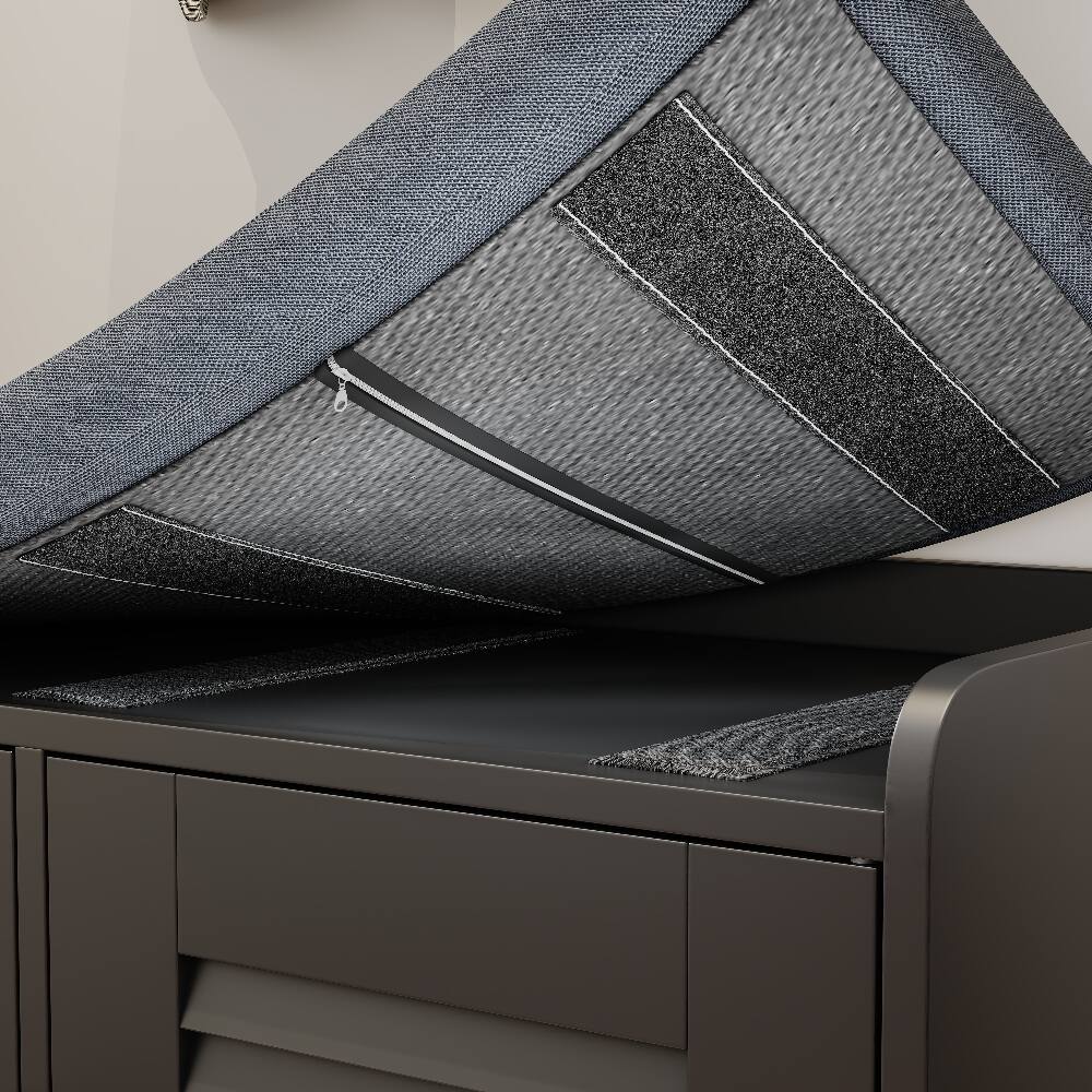 Back. Loheer - Loheer black shoe storage bench, 28.74 inch entryway bench with cushion and louvered doors - Black.