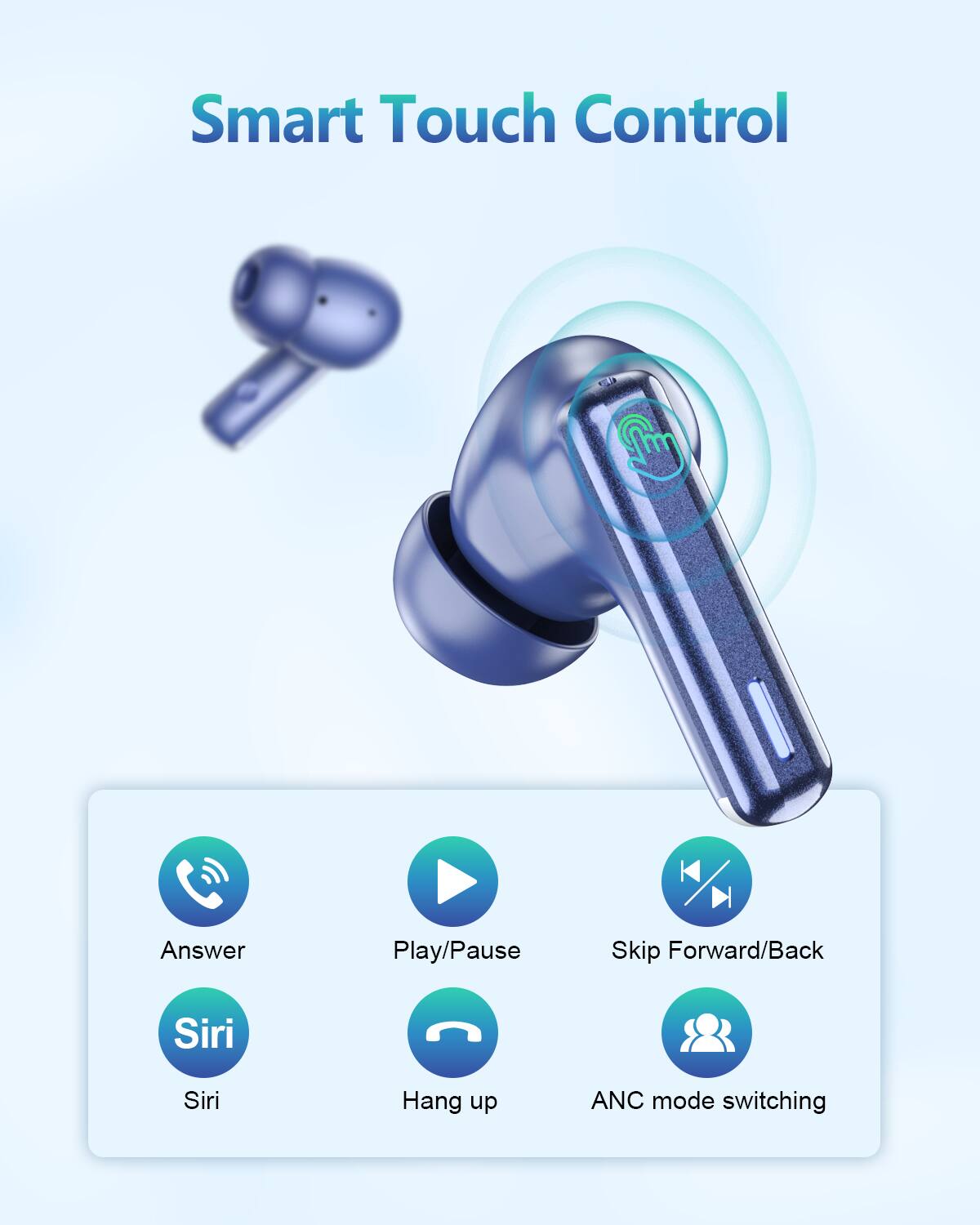 Smart Touch Control

- Answer
- Play/Pause
- Skip Forward/Back
- Siri
- Hang up
- ANC mode switching
