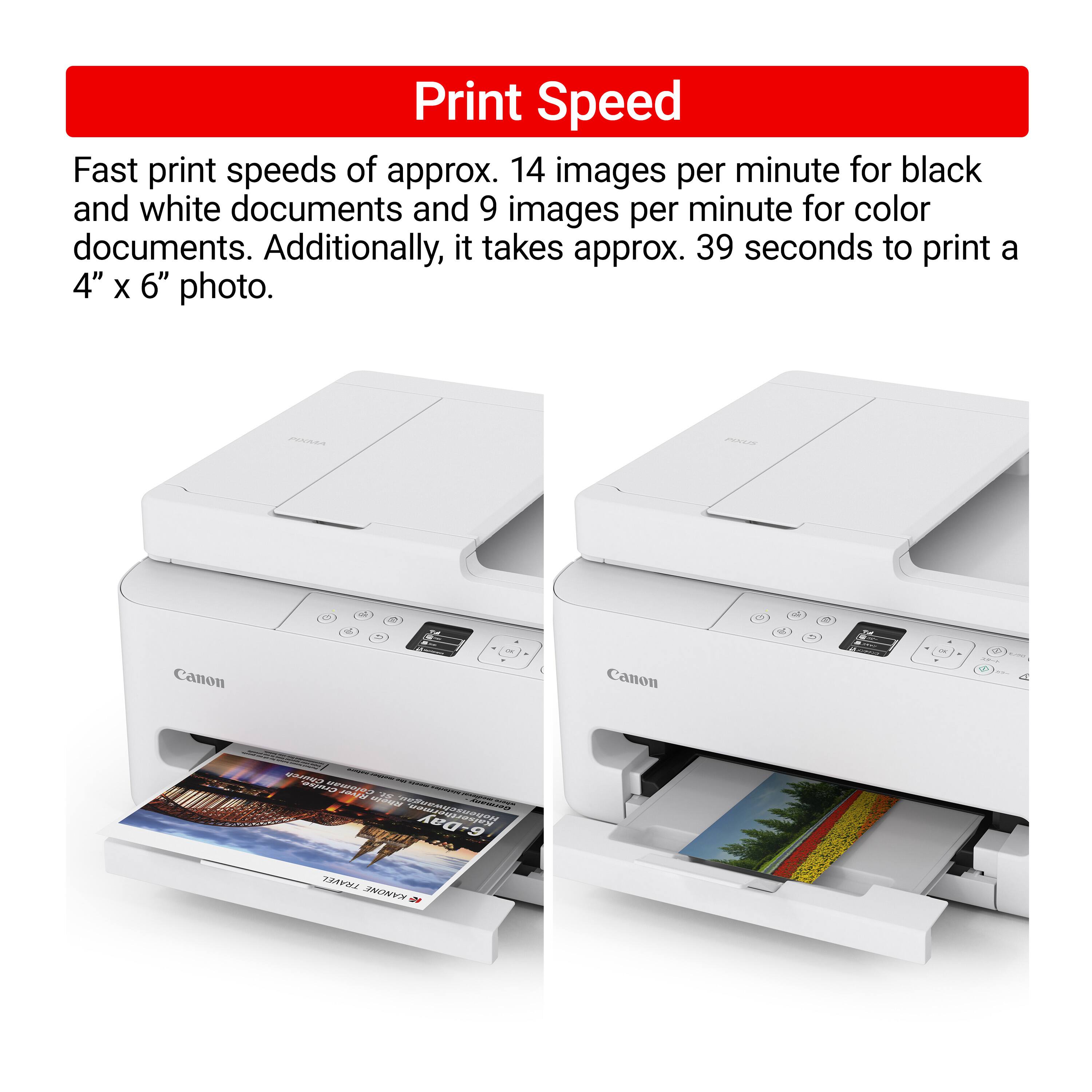 Print Speed

Fast print speeds of approx. 14 images per minute for black and white documents and 9 images per minute for color documents. Additionally, it takes approx. 39 seconds to print a 4" x 6" photo.