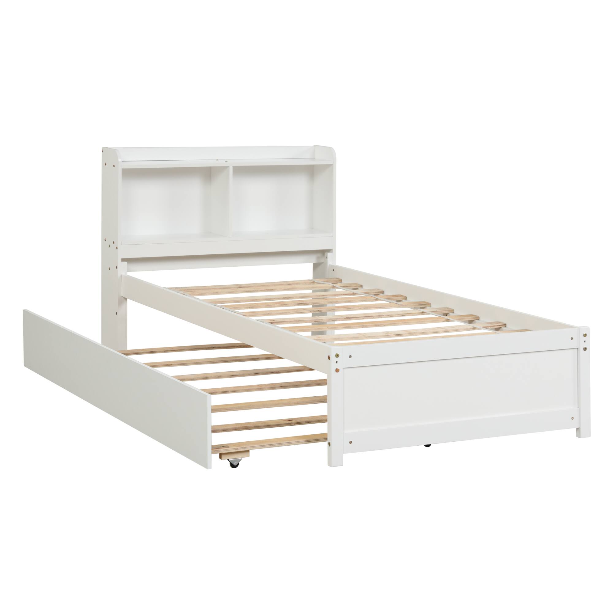 Angle. GOODSILO - Space-Saving Twin Bed with Pull-Out Trundle and Built-In Bookcase Headboard for Compact Bedrooms - White.