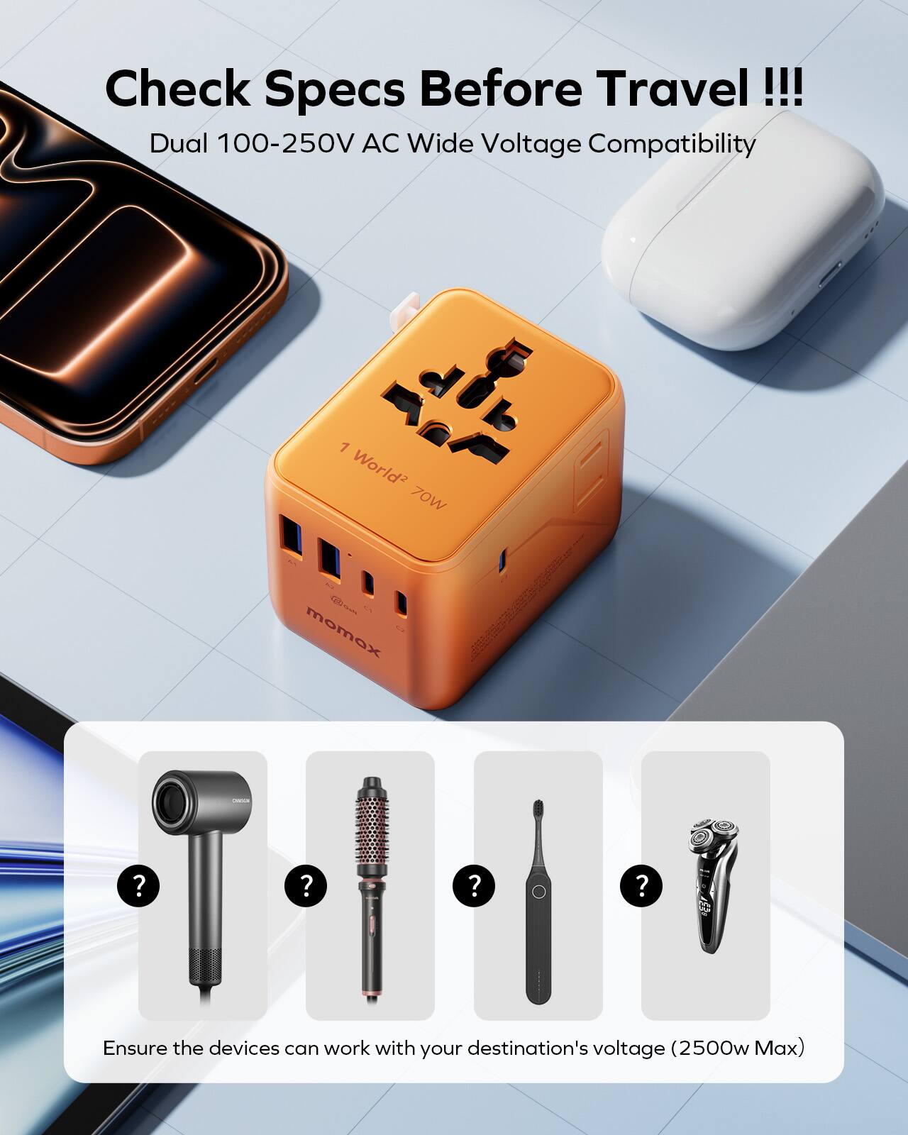 Check Specs Before Travel!!!

Dual 100-250V AC Wide Voltage Compatibility

1 World² 70W

Ensure the devices can work with your destination's voltage (2500w Max)