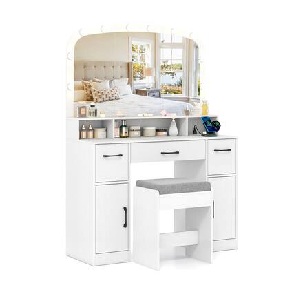 Front. WELLFOR - Vanity Desk with Arched Mirror and Lights,Makeup Vanity Table Set with Charging Station & Stool, Dressing Table - White.