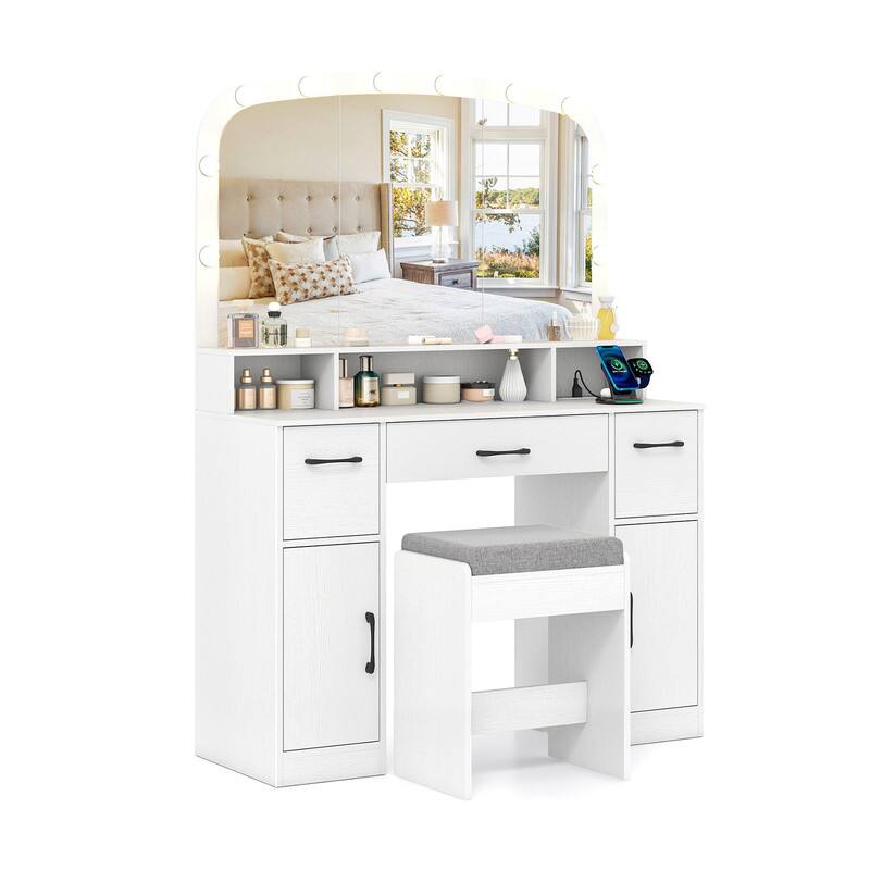 Front. WELLFOR - Vanity Desk with Arched Mirror and Lights,Makeup Vanity Table Set with Charging Station & Stool, Dressing Table - White.