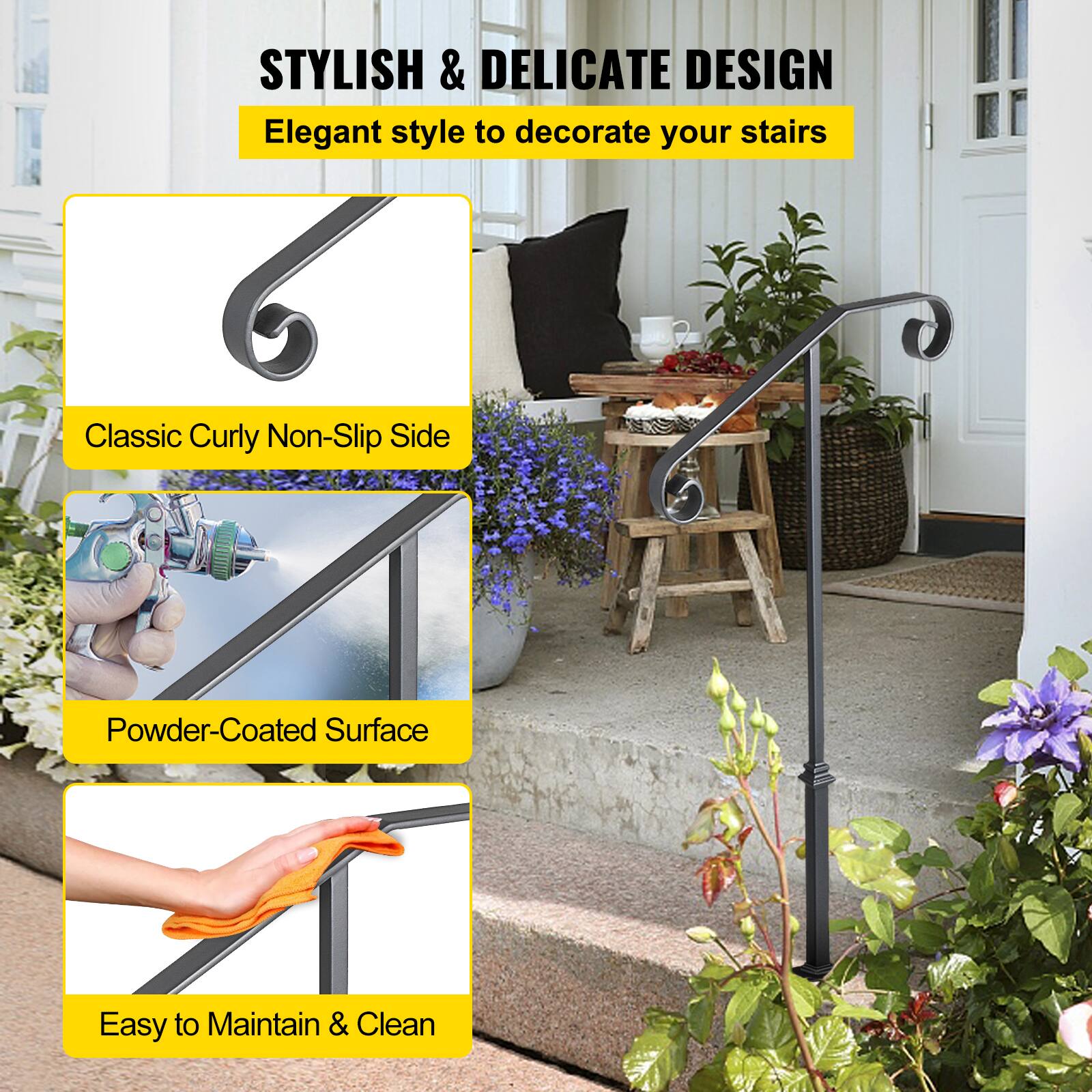 STYLISH & DELICATE DESIGN
Elegant style to decorate your stairs
Classic Curly Non-Slip Side
Powder-Coated Surface
Easy to Maintain & Clean