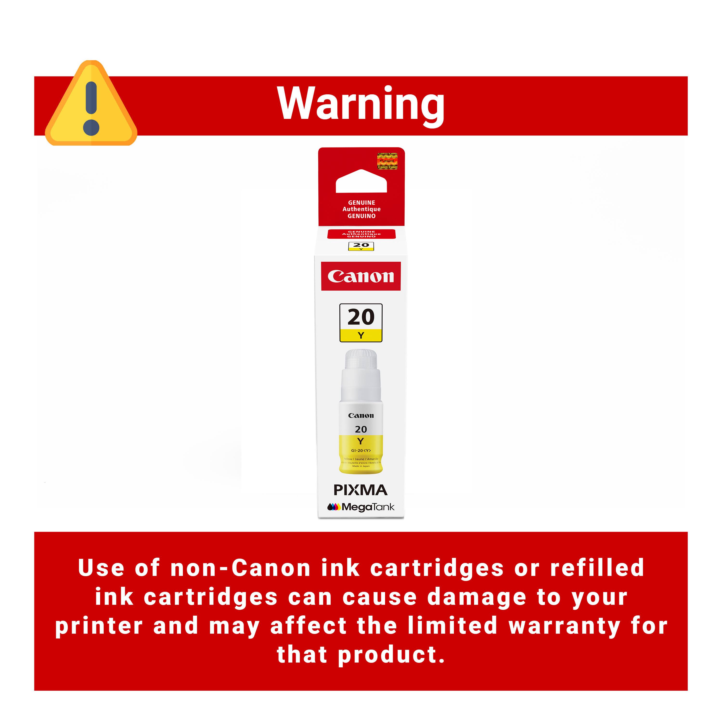 Warning

Use of non-Canon ink cartridges or refilled ink cartridges can cause damage to your printer and may affect the limited warranty for that product.