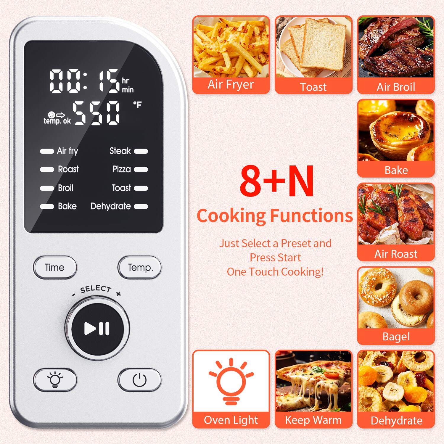 00:15 hr min  
550 °F  
temp. ok  

Air fry  
Roast  
Broil  
Bake  
Dehydrate  

Steak  
Pizza  
Toast  

Time  
Temp.  

SELECT  

8+N  
Cooking Functions  
Just Select a Preset and Press Start  
One Touch Cooking!  

Air Fryer  
Toast  
Air Broil  
Bake  
Air Roast  
Bagel  
Oven Light  
Keep Warm  
Dehydrate