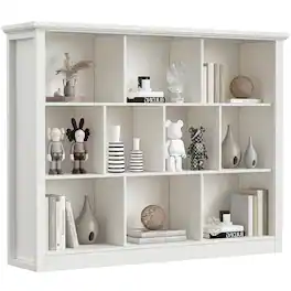 Aheaplus - 50" Wide 10-Cube Wood Storage Organizer - 3-Tier Low Floor Standing Bookcase for Living Room, Bedroom - Warm White