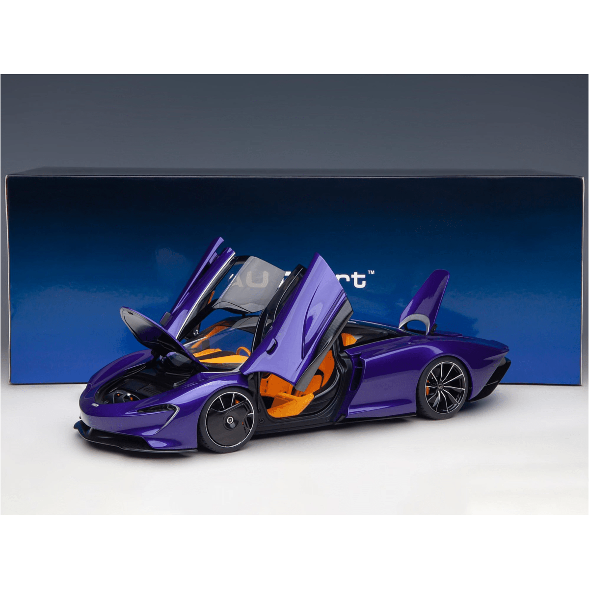 Alt View 9. Autoart - McLaren Speedtail Lantana Purple Met. w/Black Top and Yellow Interior and Suitcase Accessories 1/18 Model Car by Autoart.