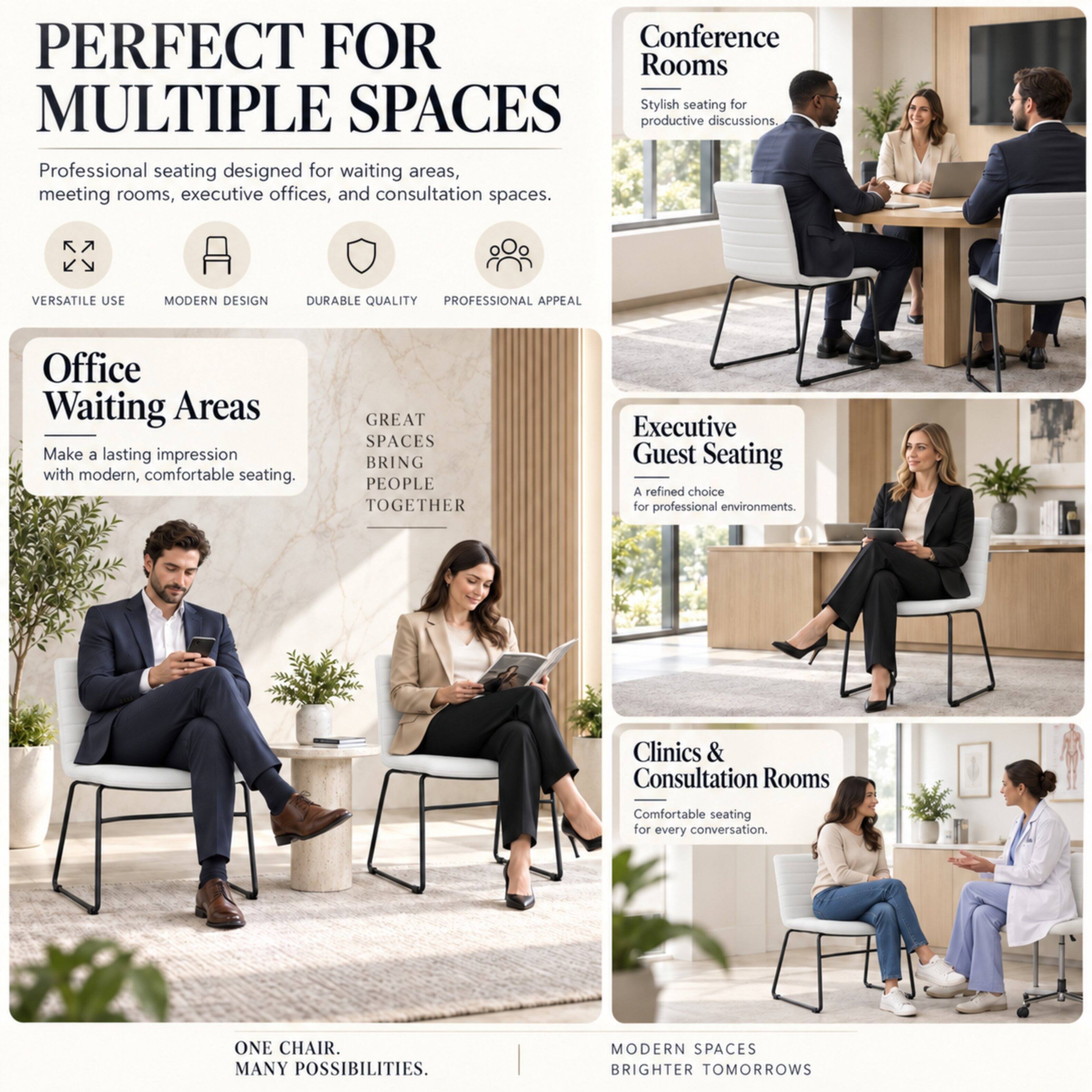 PERFECT FOR MULTIPLE SPACES  
Professional seating designed for waiting areas, meeting rooms, executive offices, and consultation spaces.

VERSATILE USE  
MODERN DESIGN  
DURABLE QUALITY  
PROFESSIONAL APPEAL

Office Waiting Areas  
Make a lasting impression with modern, comfortable seating.

Conference Rooms  
Stylish seating for productive discussions.

Executive Guest Seating  
A refined choice for professional environments.

Clinics & Consultation Rooms  
Comfortable seating for every conversation.

ONE CHAIR. MANY POSSIBILITIES.

GREAT SPACES BRING PEOPLE TOGETHER

MODERN SPACES BRIGHTER TOMORROWS