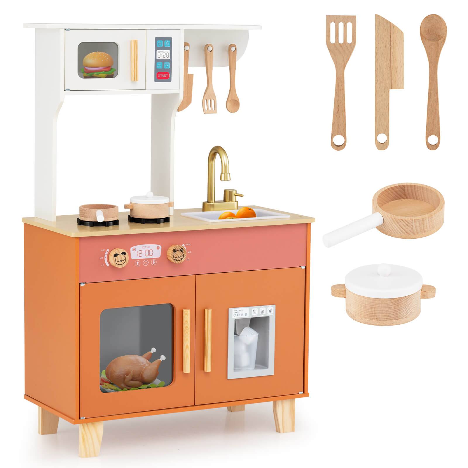 Costway - Kids Play Kitchen with Microwave Stoves Rotation Knobs Ice Dispenser Faucet Sink - Brown
