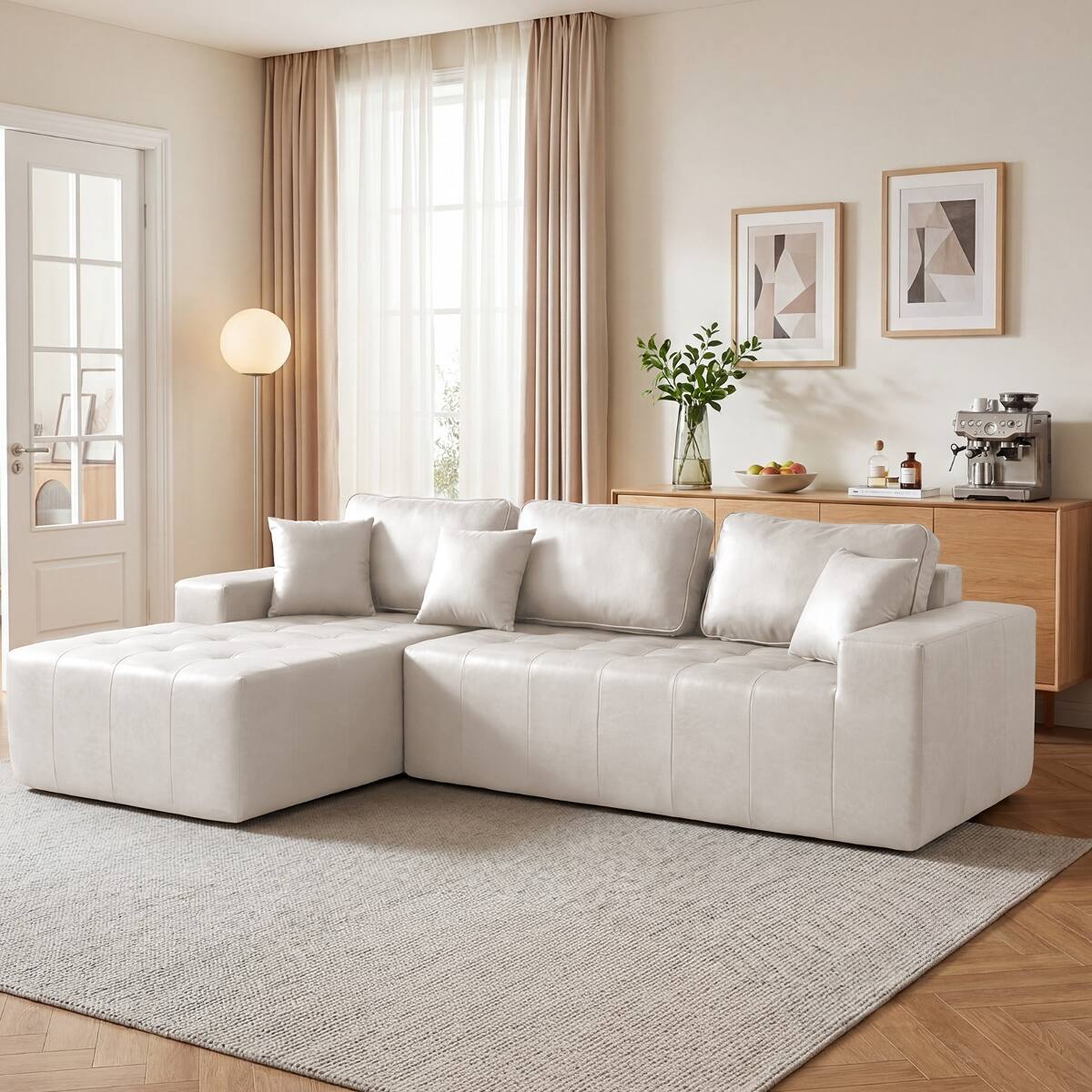 Front. Ropilly - Ropilly Beige Faux Leather Sectional Sofa, L Shaped Corner Chaise Couch, Convertible Sofa Bed - Beige.