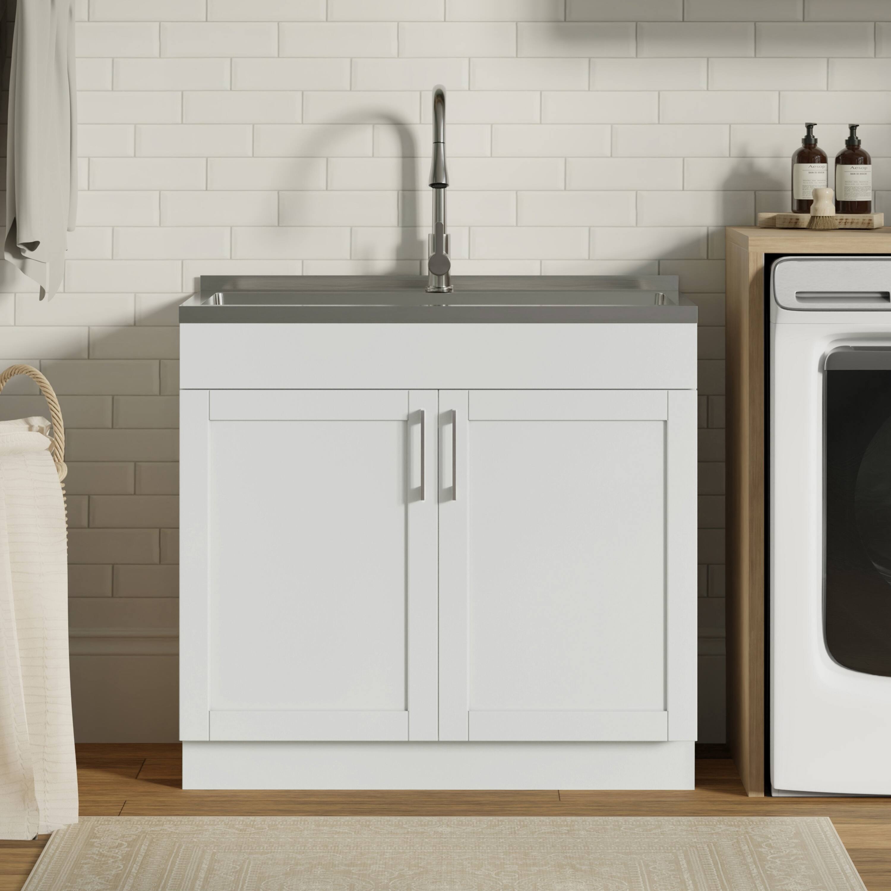 Angle. Simpli Home - Modern Wide Shaker All-In-One 36-inch Laundry Utility Sink and Cabinet - Pure White.