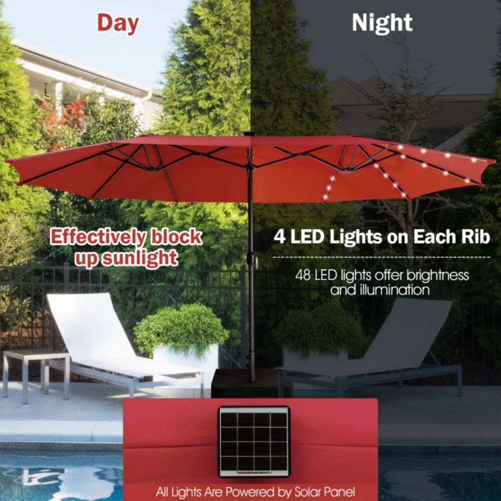 - Day
  - Effectively block up sunlight

- Night
  - 4 LED Lights on Each Rib
  - 48 LED lights offer brightness and illumination

- All Lights Are Powered by Solar Panel