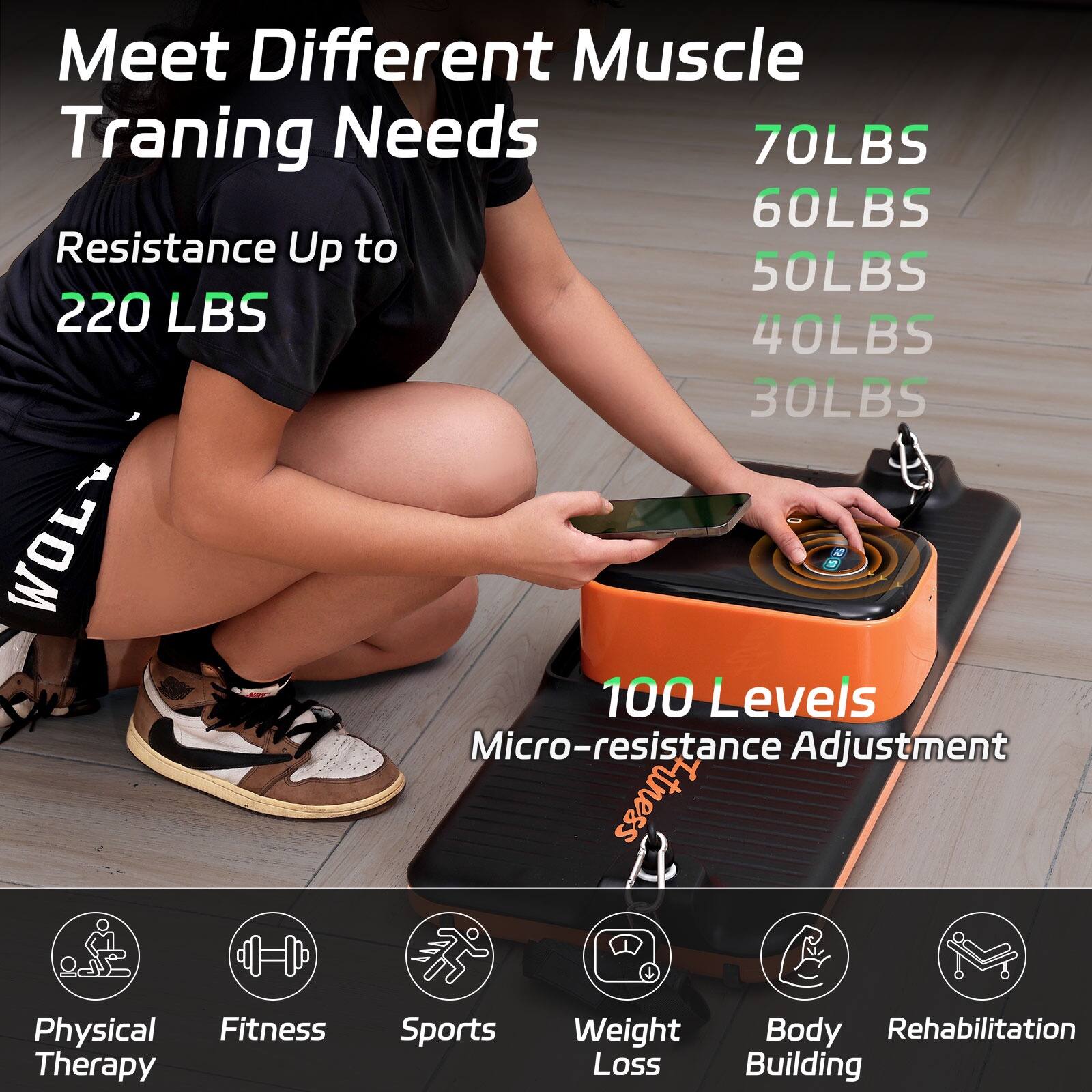Meet Different Muscle Training Needs

Resistance Up to 220 LBS

70LBS  
60LBS  
50LBS  
40LBS  
30LBS  

100 Levels  
Micro-resistance Adjustment  

Physical Therapy  
Fitness  
Sports  
Weight Loss  
Body Building  
Rehabilitation