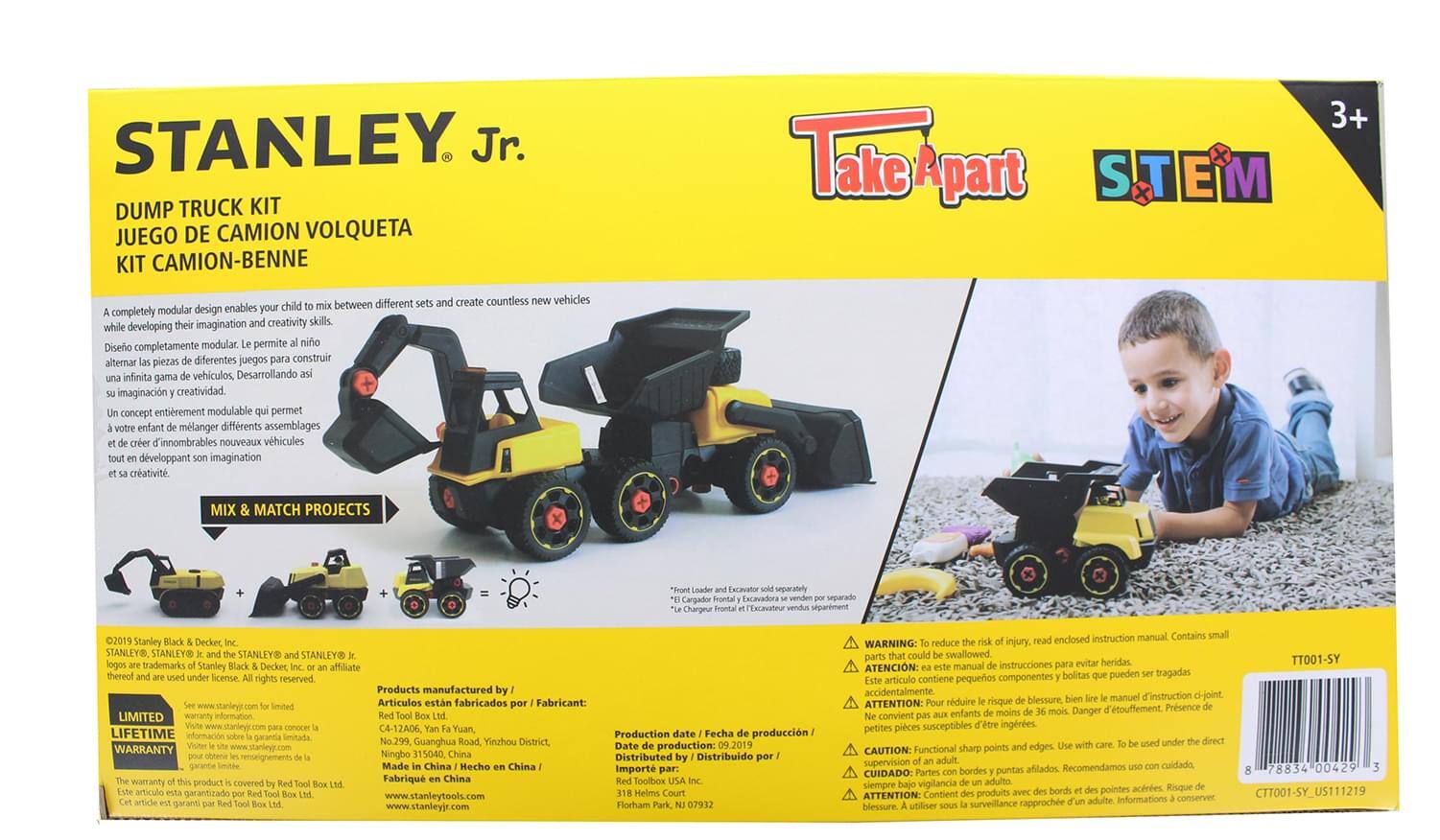 STANLEY Jr. DUMP TRUCK KIT  
JUEGO DE CAMIÓN VOLQUETA  
KIT CAMIÓN-BENNE  
STEM 3+  

A completely modular design enables child to mix between different sets and create countless new vehicles while developing their imagination and creativity skills.  
Diseño completamente modular. Le permite al niño alternar las piezas de diferentes juegos para construir una infinidad de vehículos, desarrollando así su imaginación y creatividad.  
Un concepto entièrement modulable qui permet à l'enfant de mélanger différents assemblages d'innombrables nouveaux véhicules et de développer son imagination et sa créativité.  

MIX & MATCH PROJECTS  

Front Loader and Excavator sold separately  
Cargador Frontal y Excavadora vendidos por separado  
Le chargeur frontal et l'excavateur vendus séparément  

LIMITED LIFETIME WARRANTY  

©2019 Stanley Black & Decker Inc.  
STANLEY®, STANLEY Jr. and the STANLEY® and STANLEY® Jr. logos are trademarks of Stanley Black & Decker Inc. or an affiliate thereof and are used under license. All rights reserved.