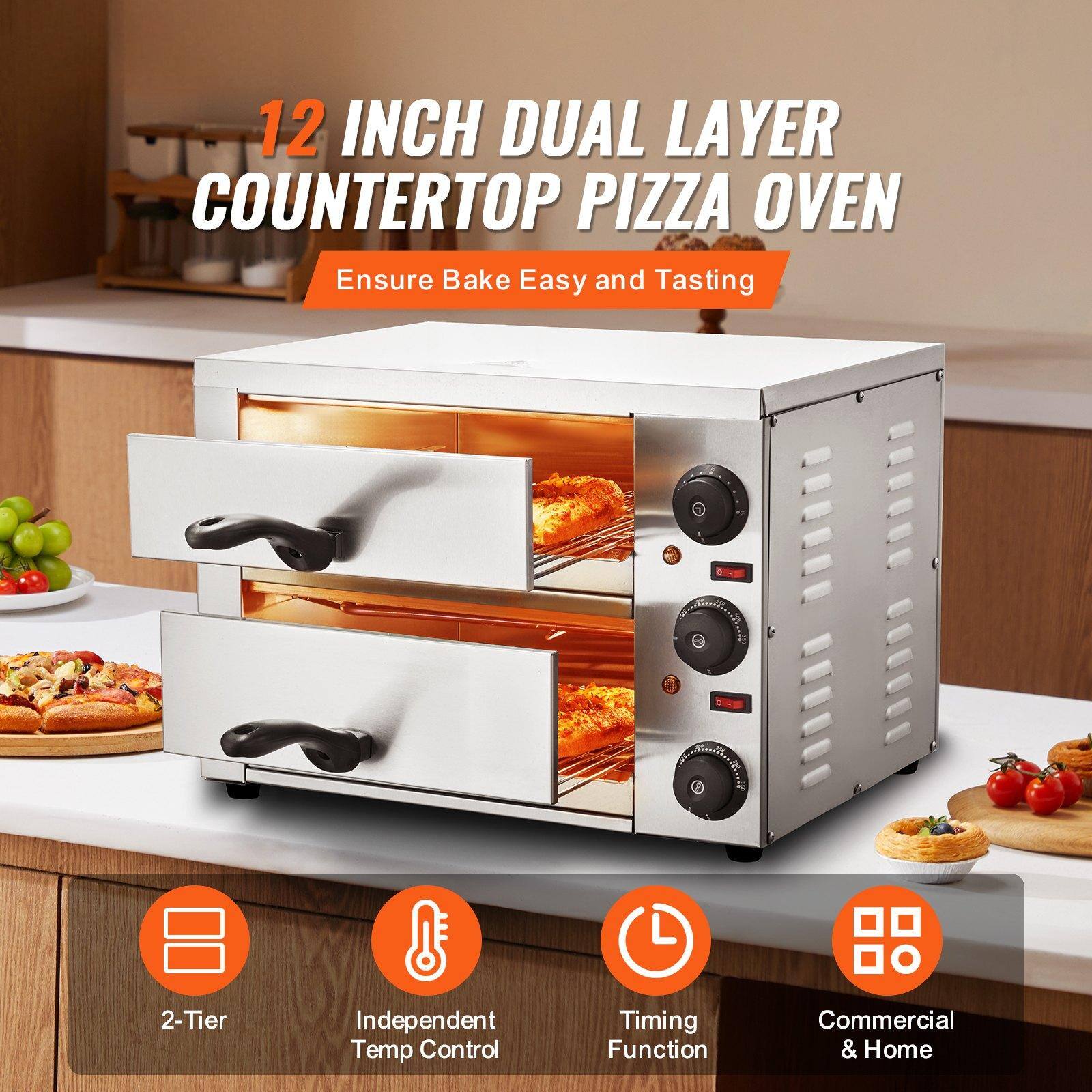 12 INCH DUAL LAYER COUNTERTOP PIZZA OVEN  
Ensure Bake Easy and Tasting  

- 2-Tier  
- Independent Temp Control  
- Timing Function  
- Commercial & Home