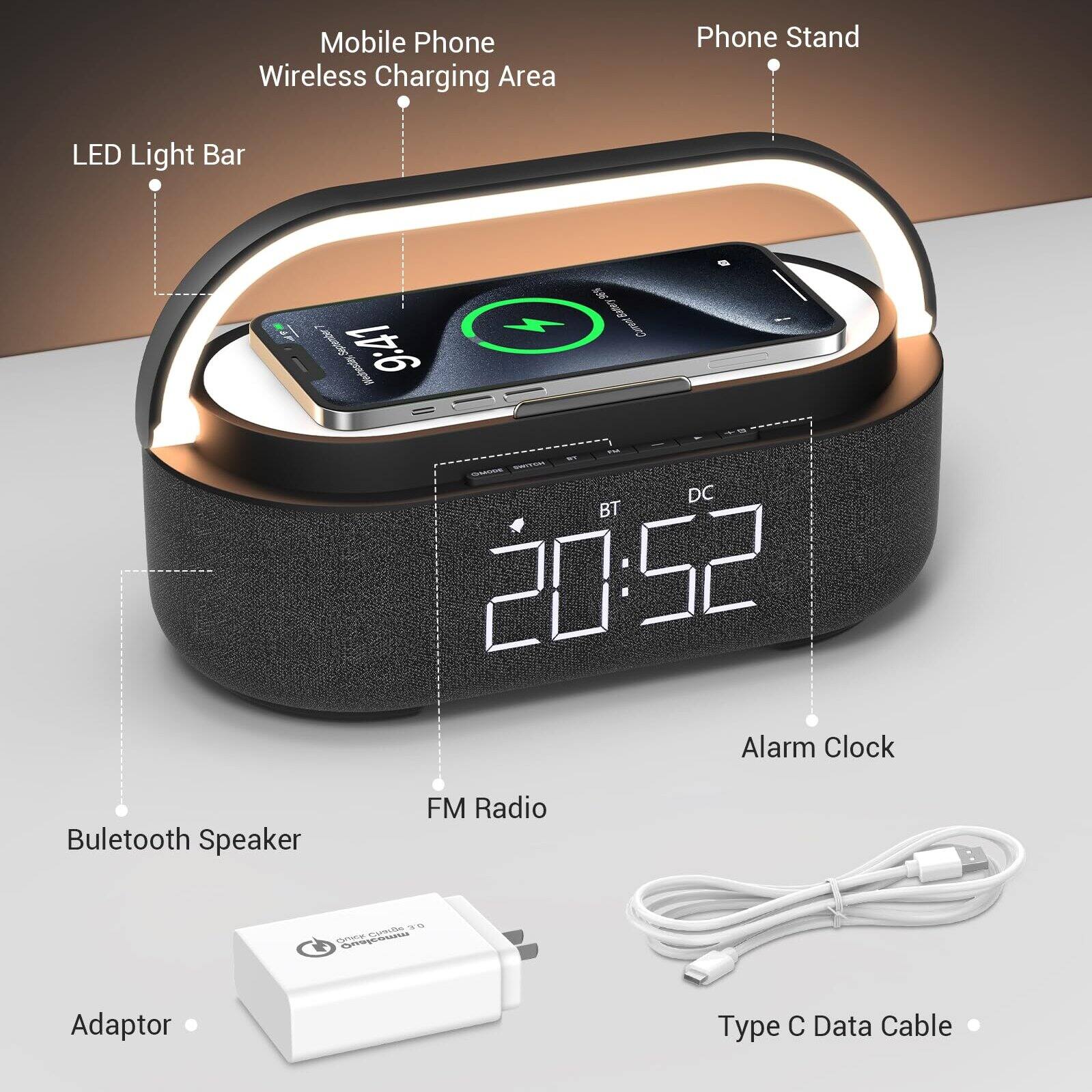 Mobile Phone Wireless Charging Area  
Phone Stand  
LED Light Bar  
Buletooth Speaker  
FM Radio  
Alarm Clock  
Adaptor  
Type C Data Cable