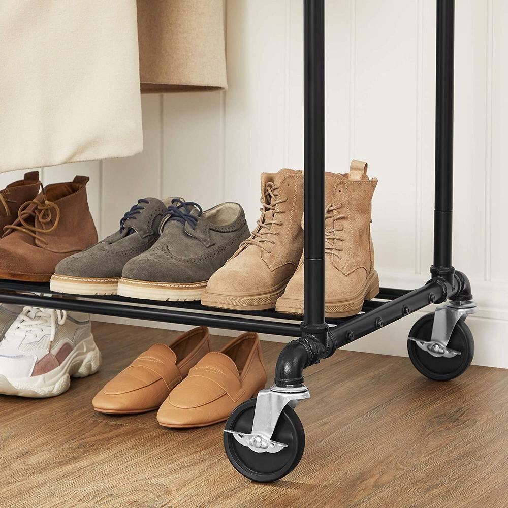 Left. Hivvago - Heavy Duty Rustic Pipe Black Double-Rail Clothes Garment Rack w/ Locking Wheels - Black.