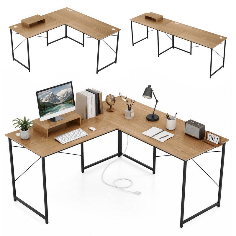 Angle. WELLFOR - 59 inch L-Shaped Desk with USB Power Outlets, 2-Person Reversible Computer Desk with Monitor Stand for Home Office - Natural.