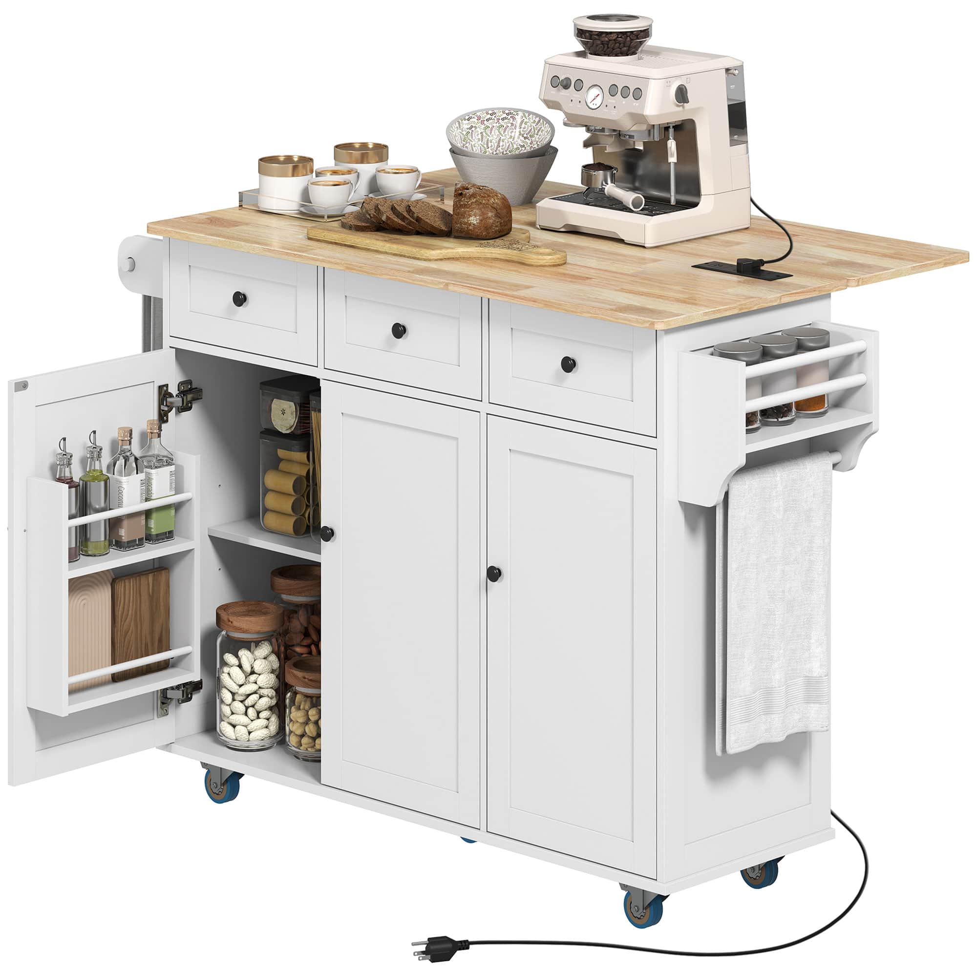 Front. Homcom - Rolling Kitchen Island with Power Outlet and Drop Leaf, 53" Island Table with Wood Top, 3 Drawers, Adjustable Shelf - White.
