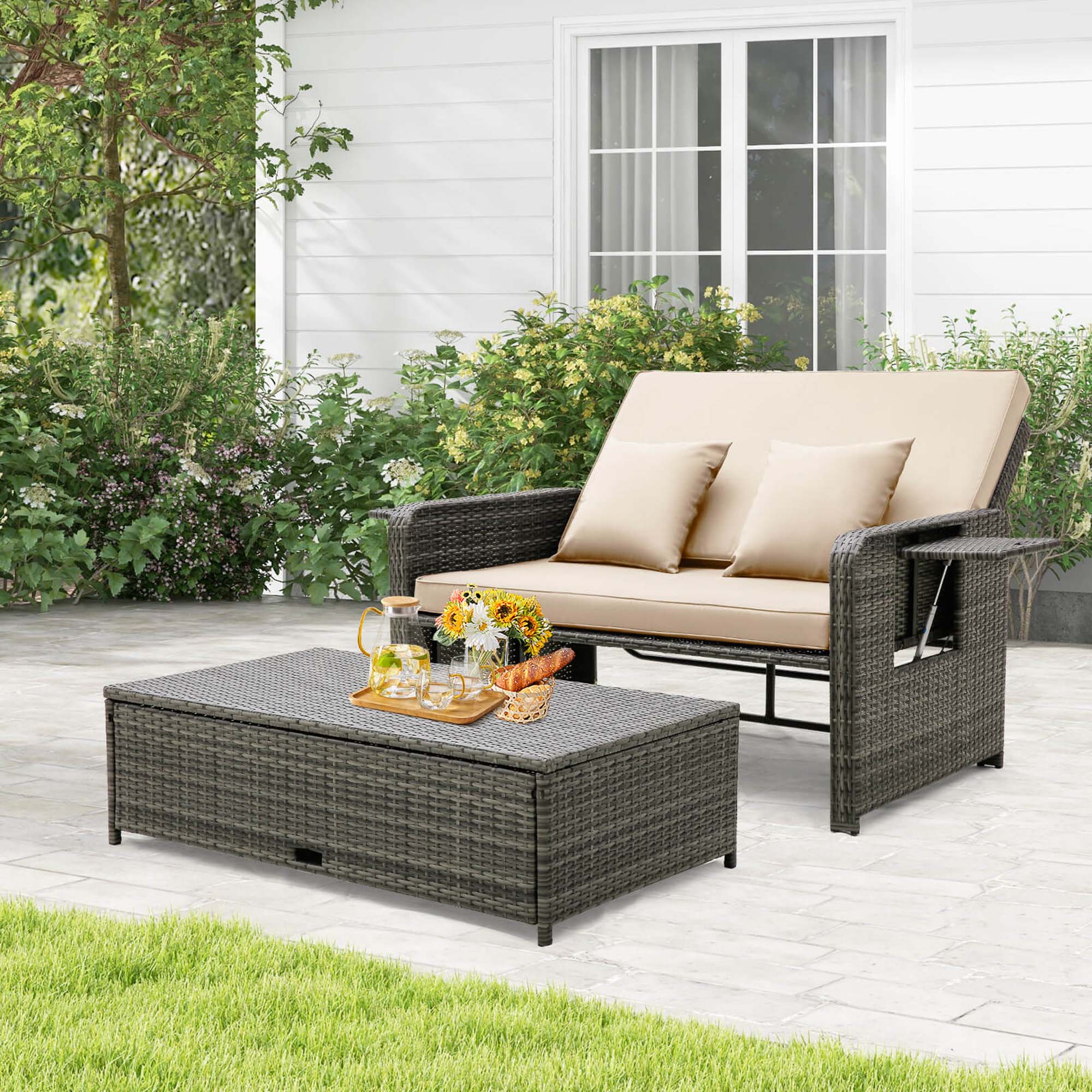 Alt View 1. Costway - Wicker Loveseat Sofa Set Patio Rattan Daybed with Ottoman & Retractable Side Tray - Brown + Mix Gray.