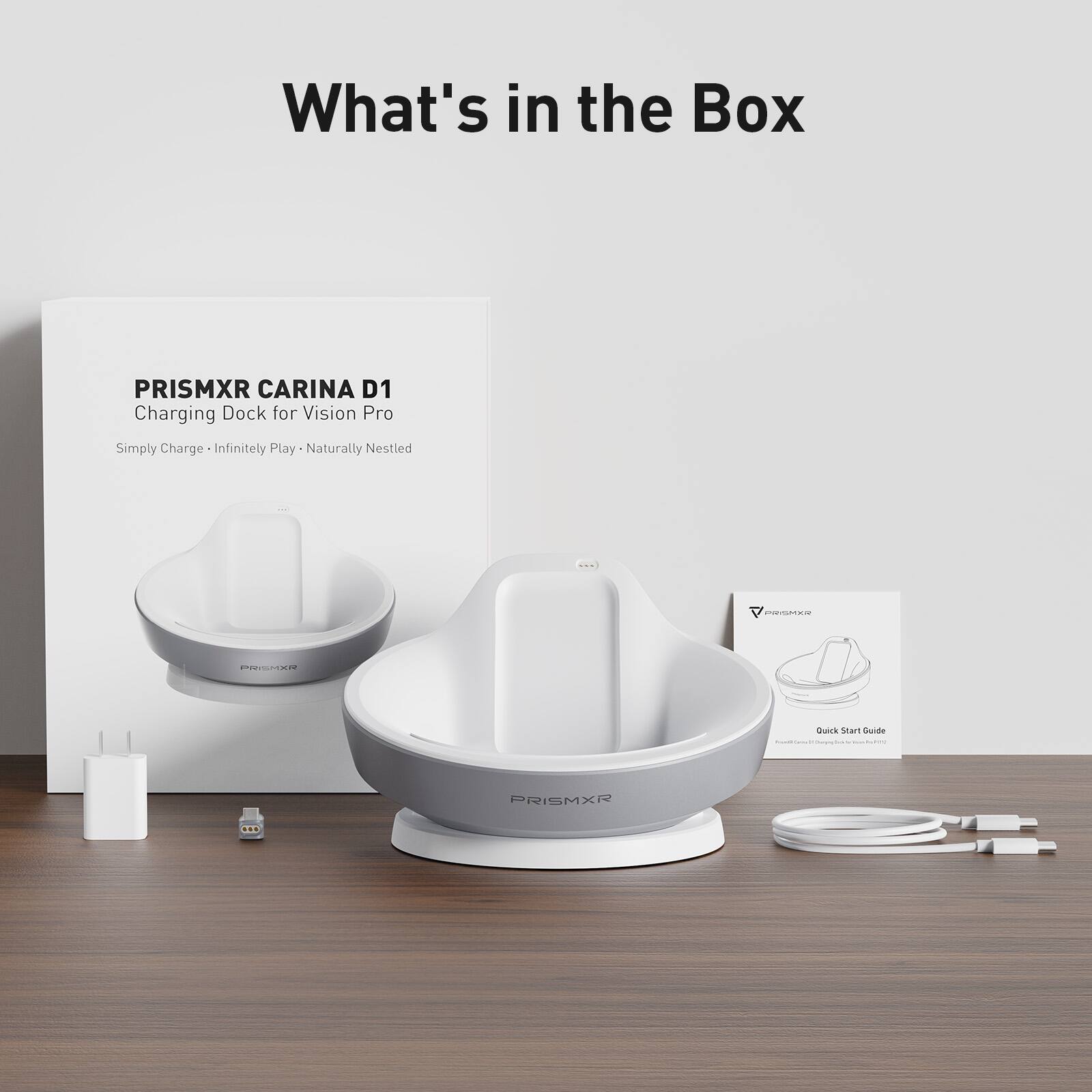What's in the Box

PRISMXR CARINA D1 Charging Dock for Vision Pro

Simply Charge - Infinitely Play - Naturally Nestled

POPES COICOd BcE sran Cuide PRISMXR